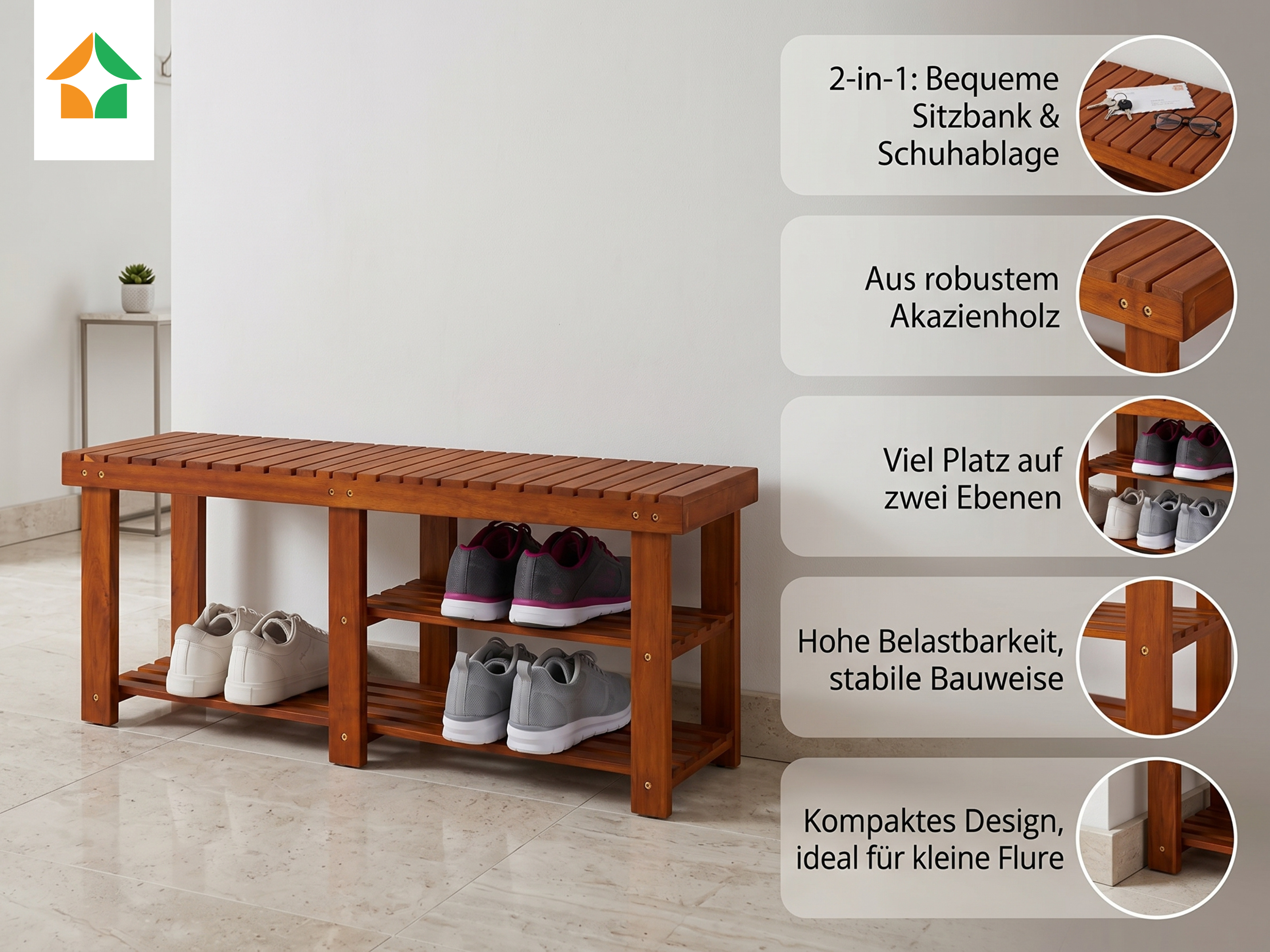 2-in-1 Schuhregal und Sitzbank aus Akazienholz, ca. 50x33x46 cm