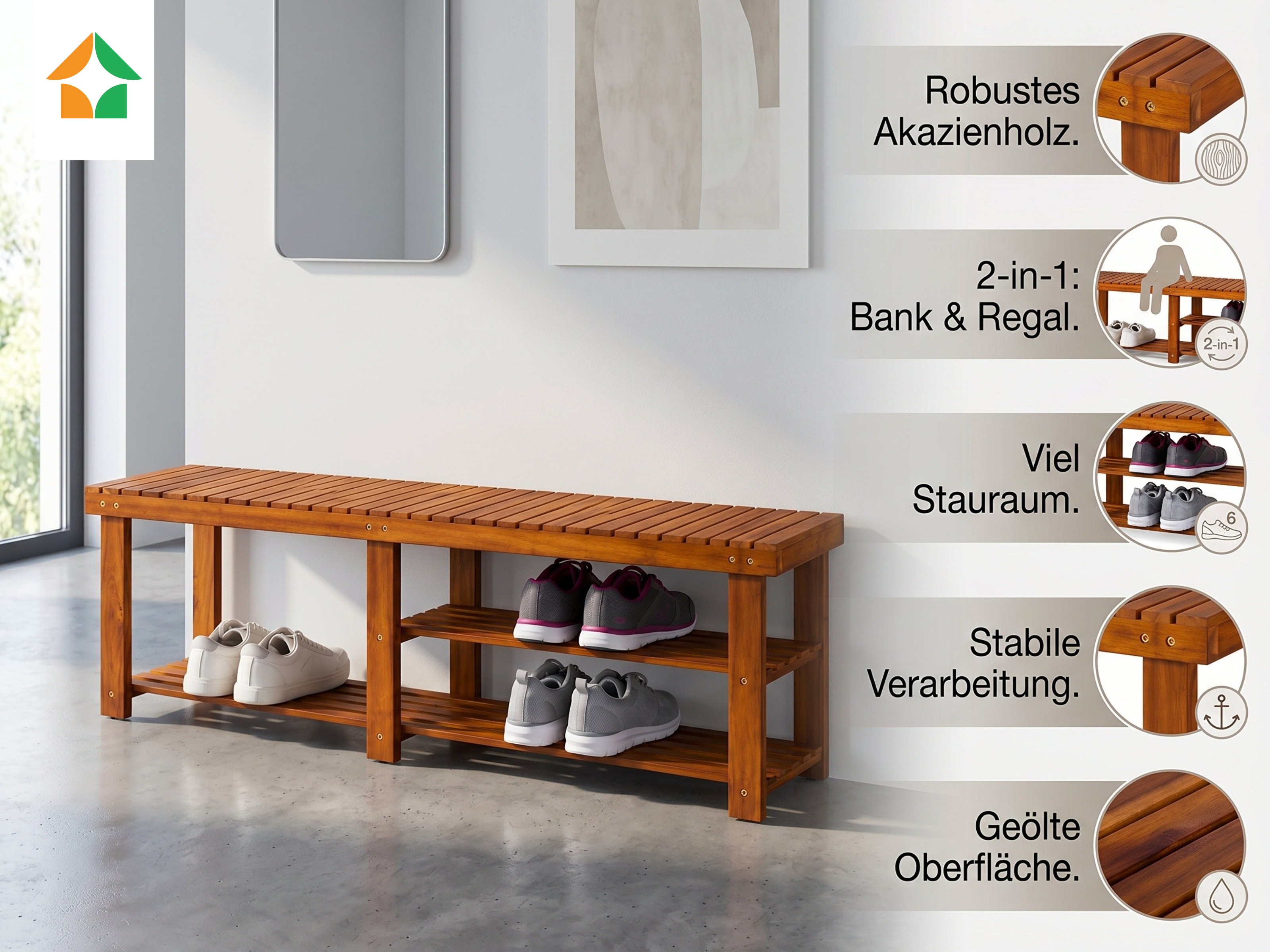Prestige Home 2 in1 Schuhregal und Sitzbank Braun Akazienholz 70x33x46cm