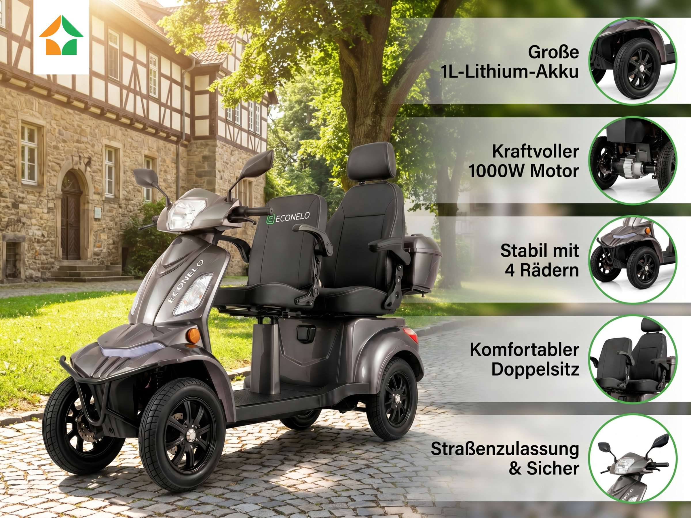 E-Seniorenmobil Vista Quarter-1L, Lithium-Akku, 4-Rad, 1000W, groß Sitz, Grau