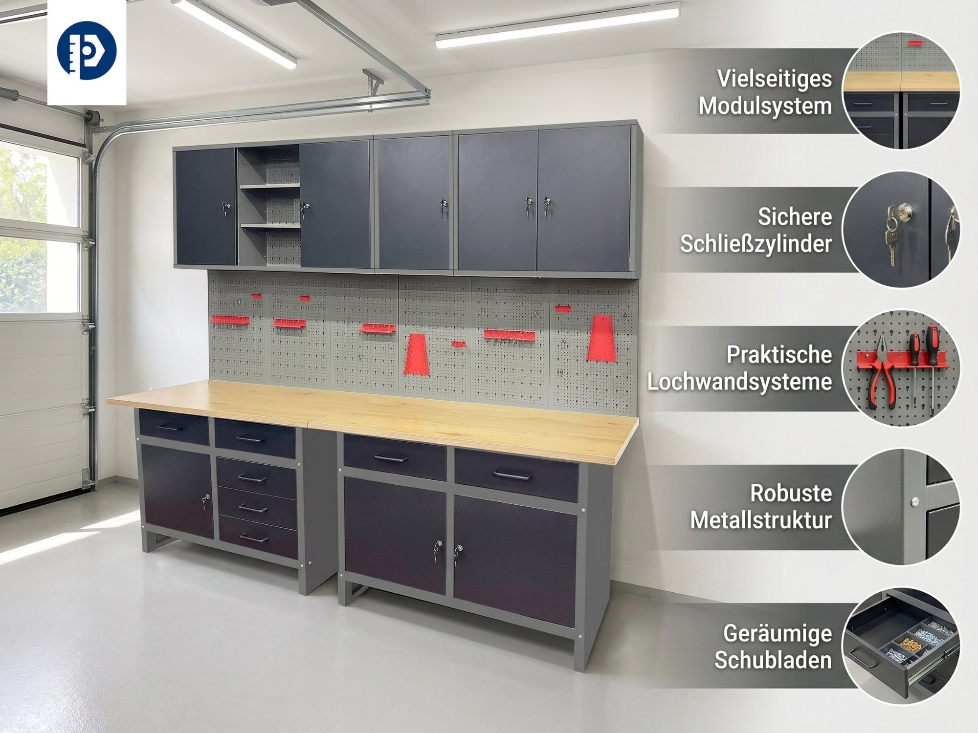 Garagenschrank Werkstatt Set 6tlg., 240cm - Scharz/Grau