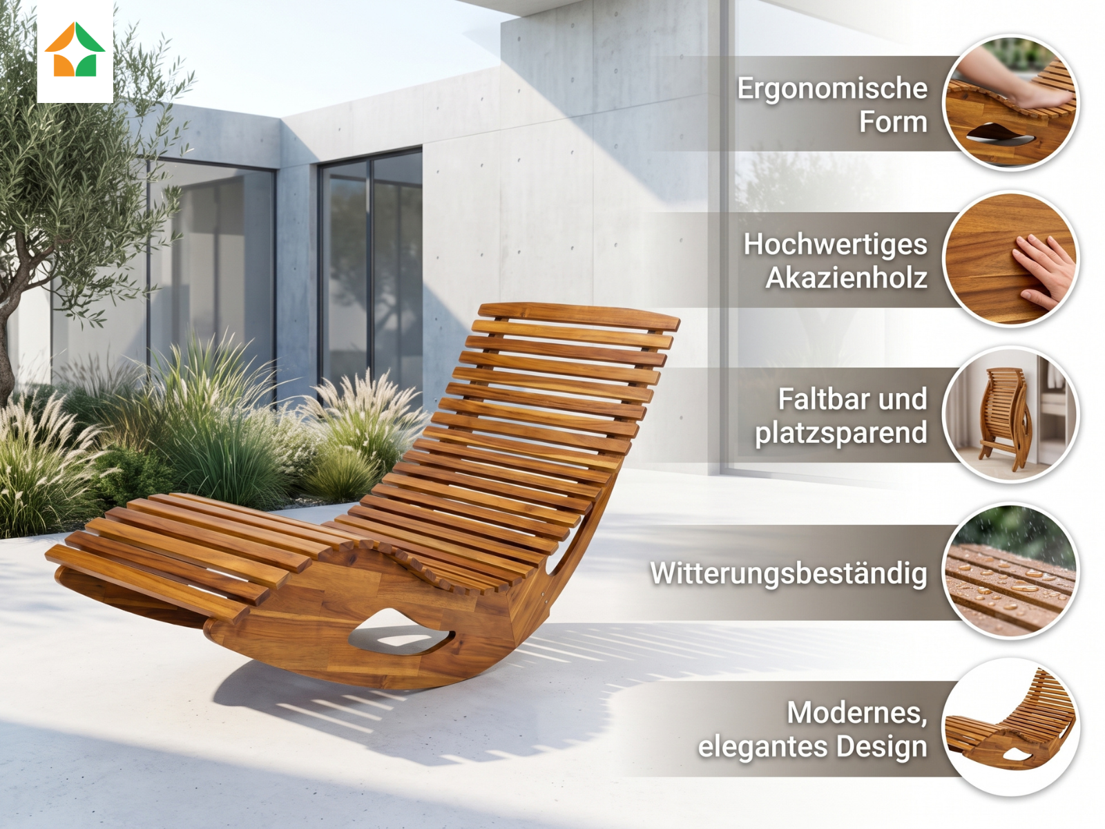 Ergonomische Schwungliege aus Akazienholz - faltbar