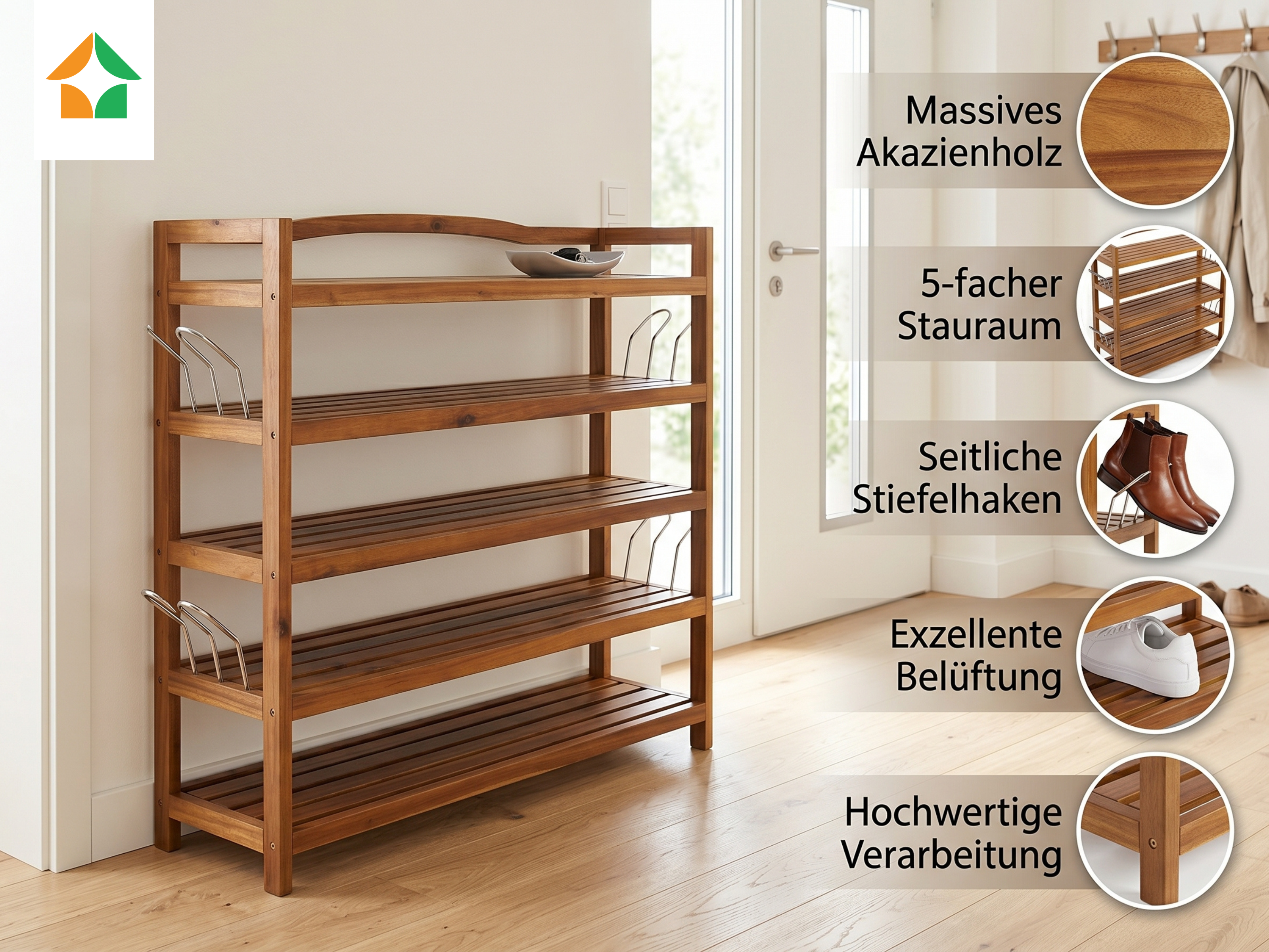 Prestige Home Schuhregal Akazie 5 Etagen 94 x 26 x 82cm Braun