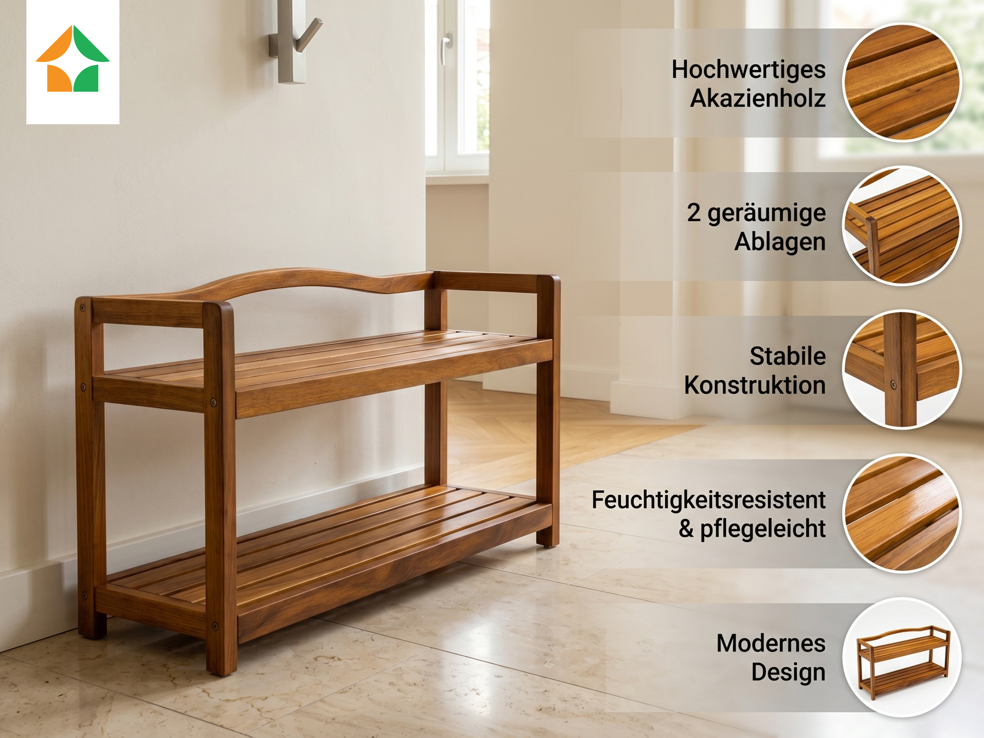 Schuhregal aus Akazienholz, 2 Etagen – 74×26×42 cm