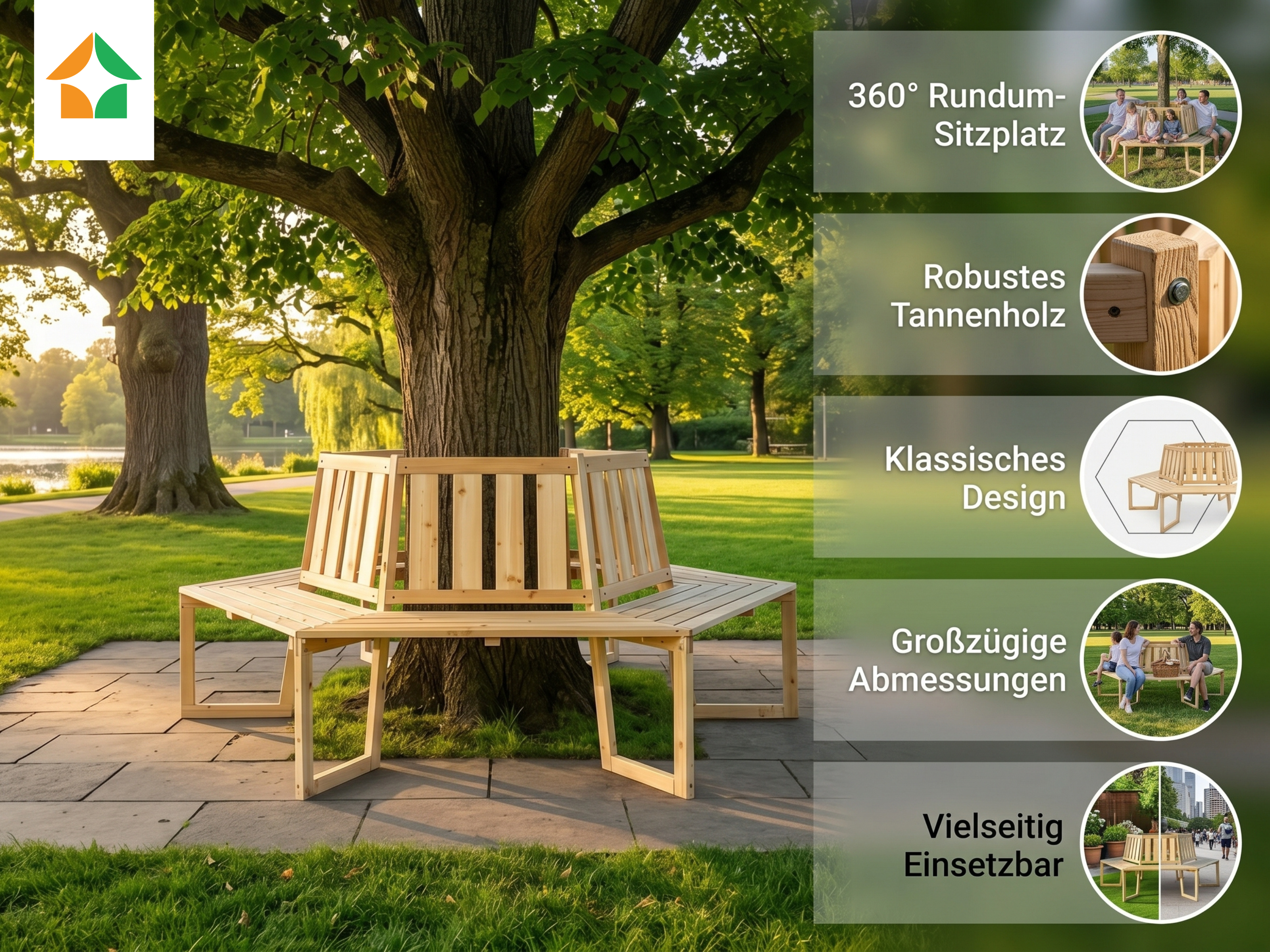 Baumbank 6-Eckig & 360°, ca. 205 x 178 x 90 cm aus Tannenholz