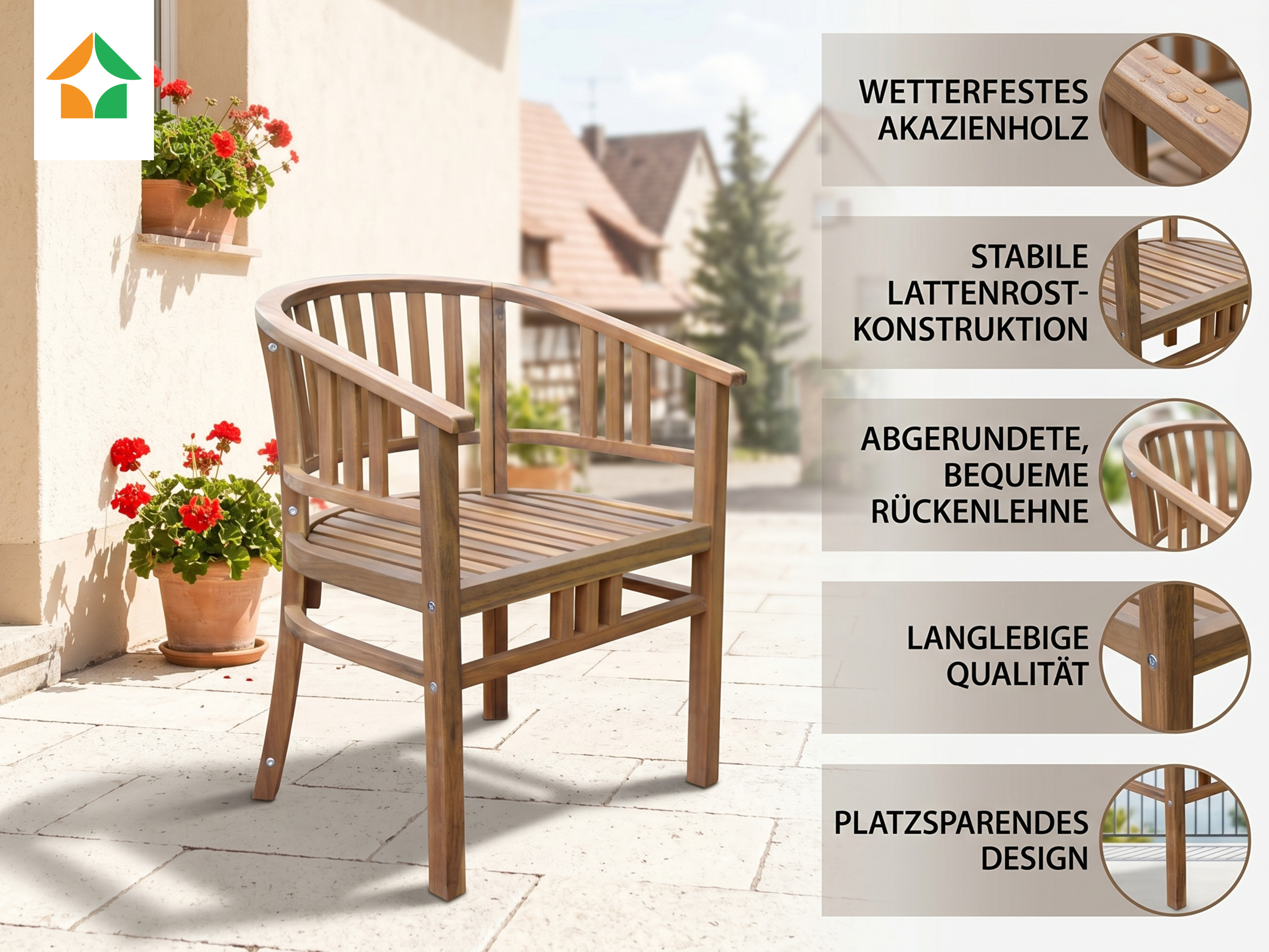 Gartenstuhl aus Akazienholz abgerundet, ca. 59,5 x 61 x 79 cm - Braun