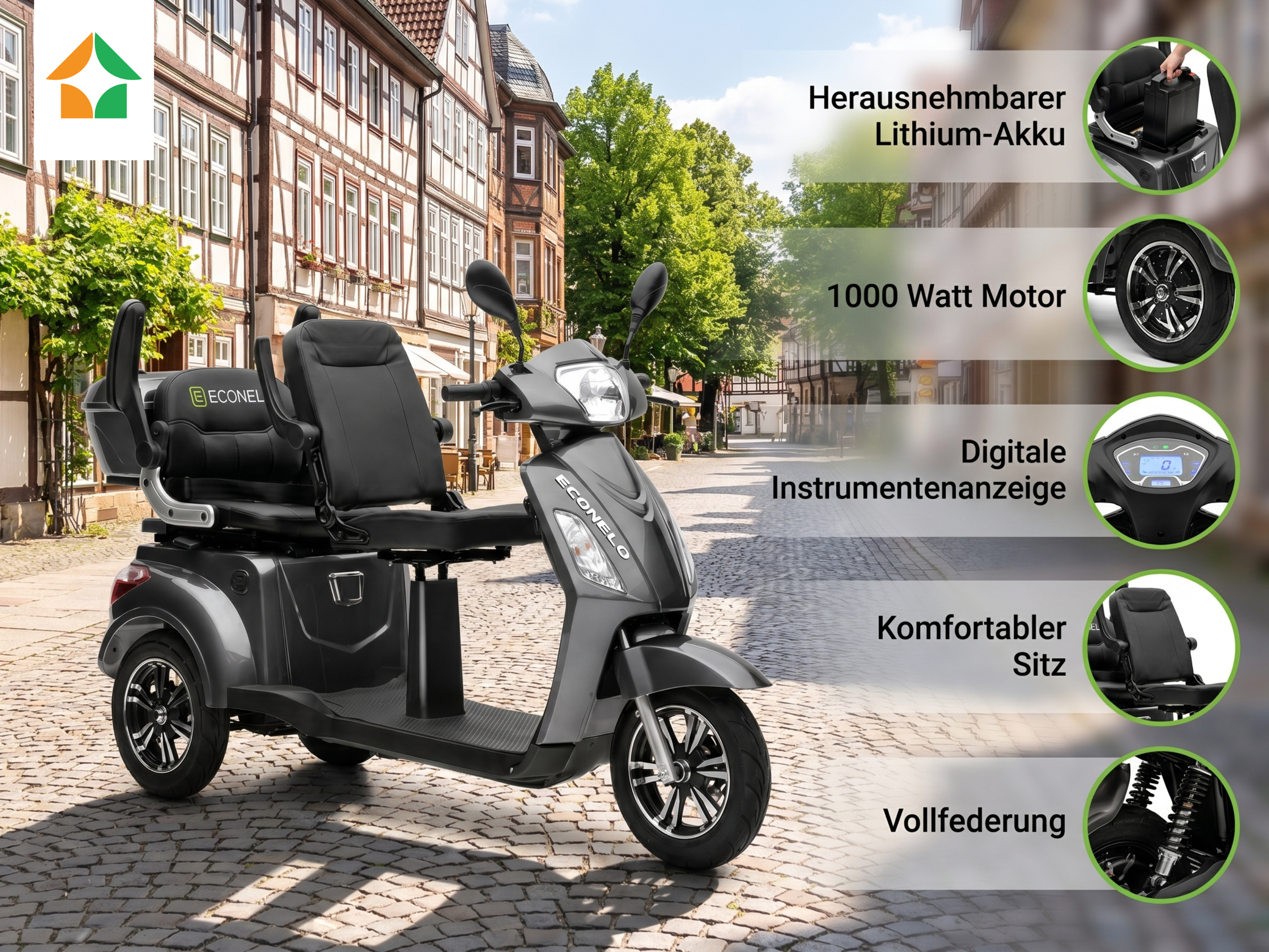 E-Seniorenmobil Billy 2.0, Lithium-Akku, 3-Rad, 1000 Watt, Grau