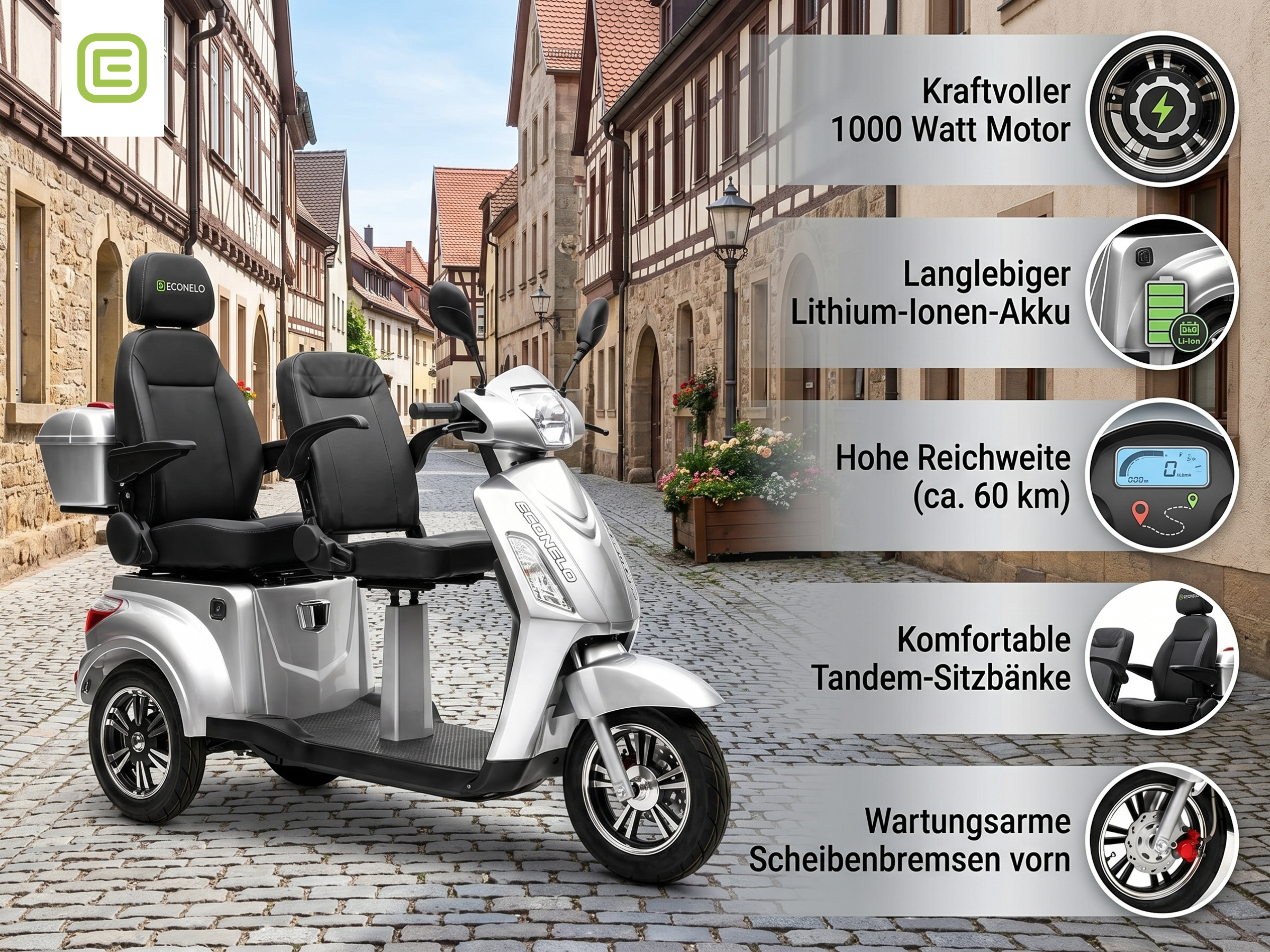 E-Seniorenmobil Billy 2.0, Lithium-Akku, 3-Rad, 1000 Watt, Komfort-Sitz, Silber