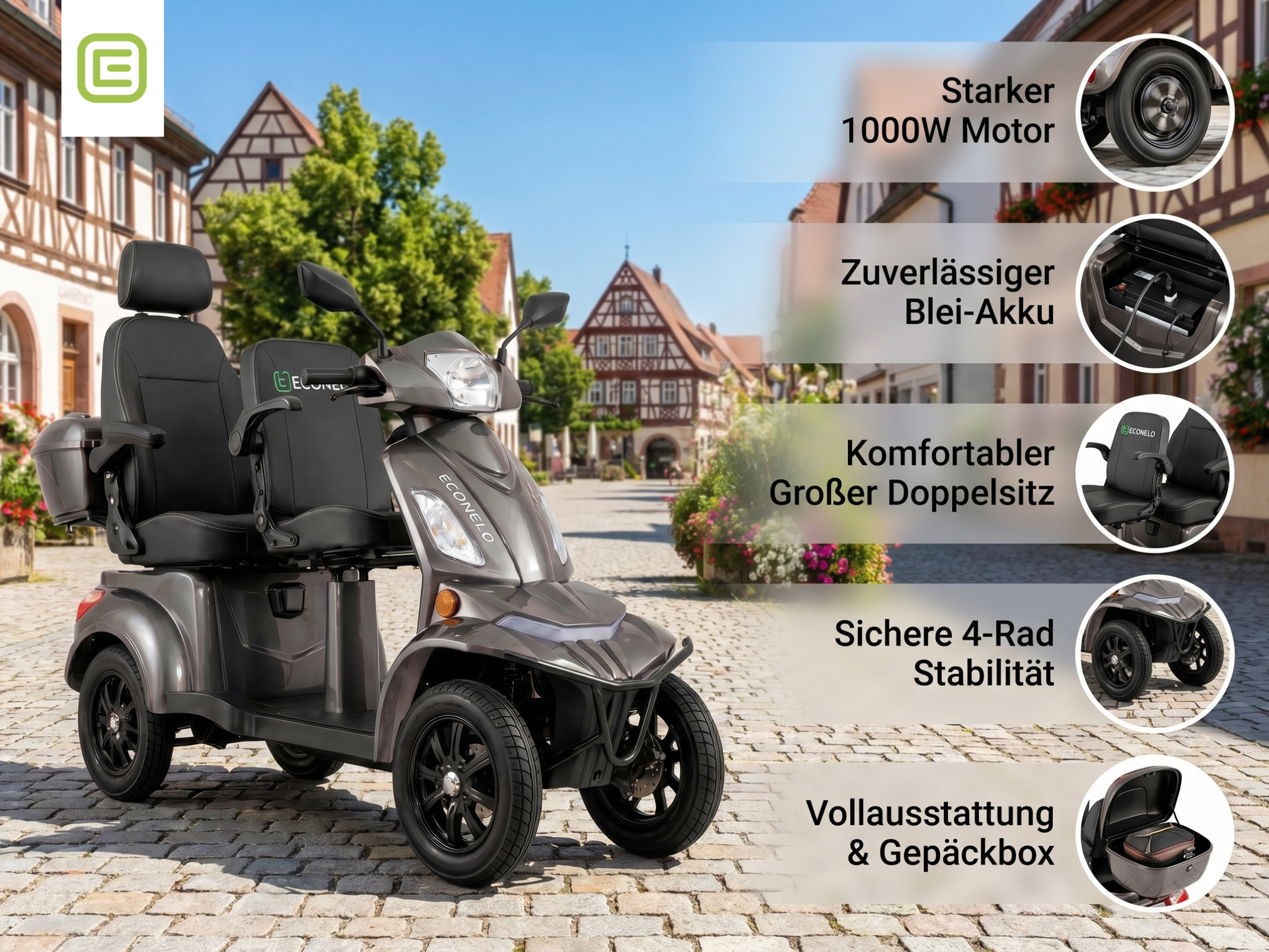 E-Seniorenmobil Vista Quarter-1L, Blei-Akku, 4-Rad, 1000 Watt, groß Sitz, Grau