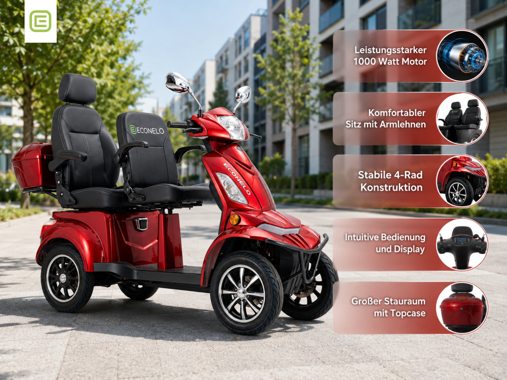 E-Seniorenmobil Vista Quarter-1L, Lithium-Akku, 4-Rad, 1000W, Komfort-Sitz, Rot