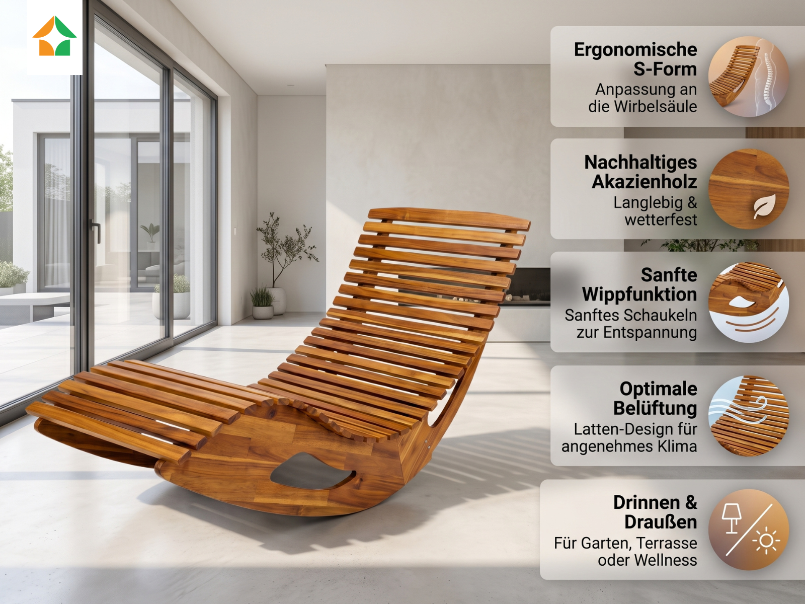 Ergonomische Schwungliege aus Akazienholz