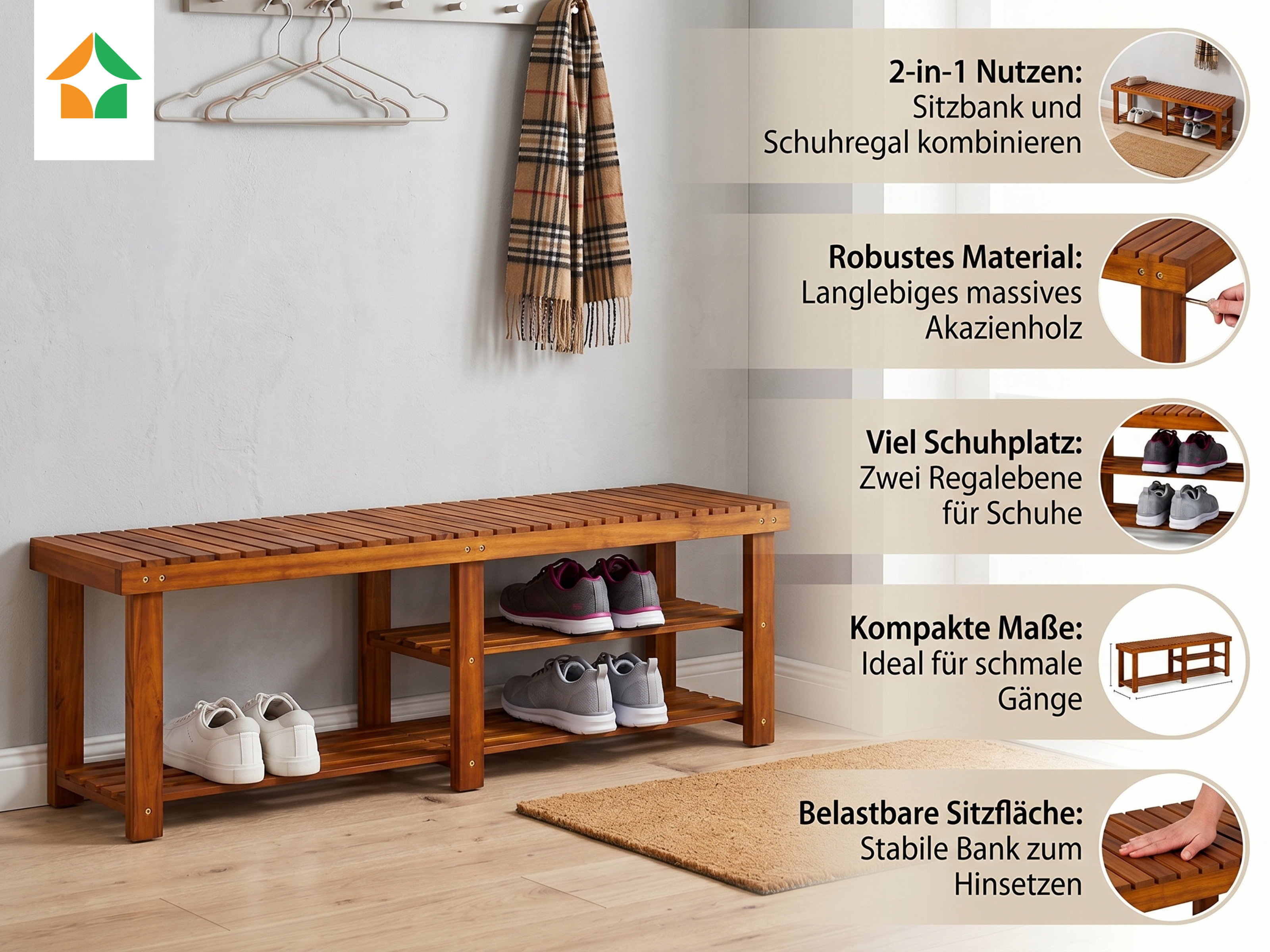 Prestige Home 2 in1 Schuhregal und Sitzbank Braun Akazienholz 90x33x46cm