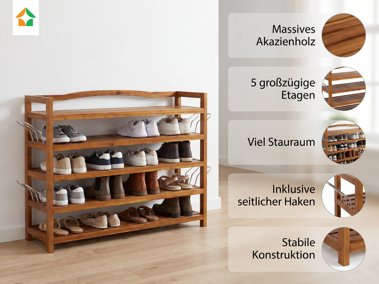 Schuhregal aus Akazienholz, 5 Etagen – 82x26x74 cm