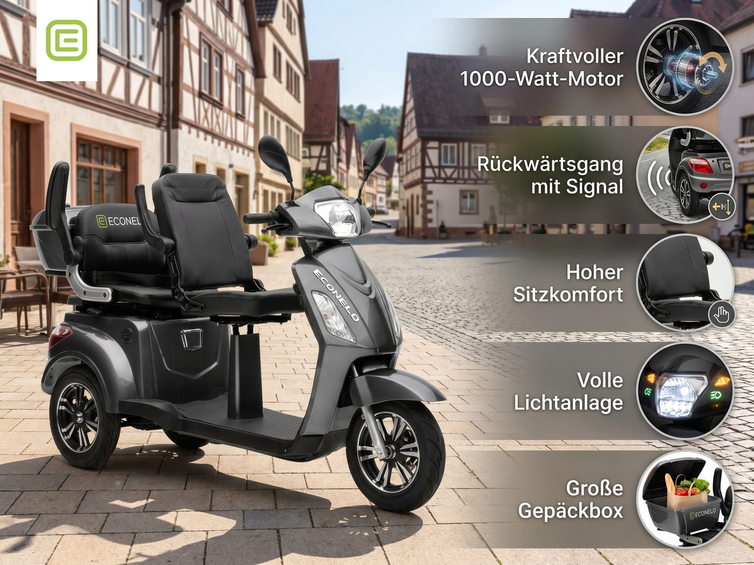 E-Seniorenmobil Billy 2.0, Blei-Akku, 3-Rad, 1000 Watt, Grau