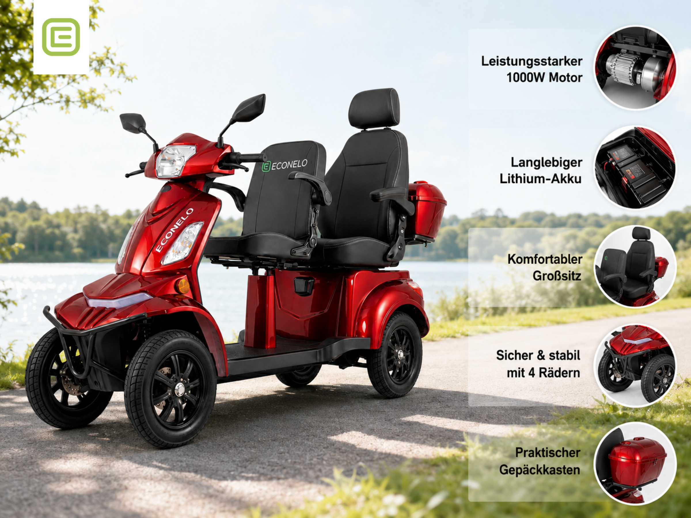 E-Seniorenmobil Vista Quarter-1L, Blei-Akku, 4-Rad, 1000 Watt, groß Sitz, Rot