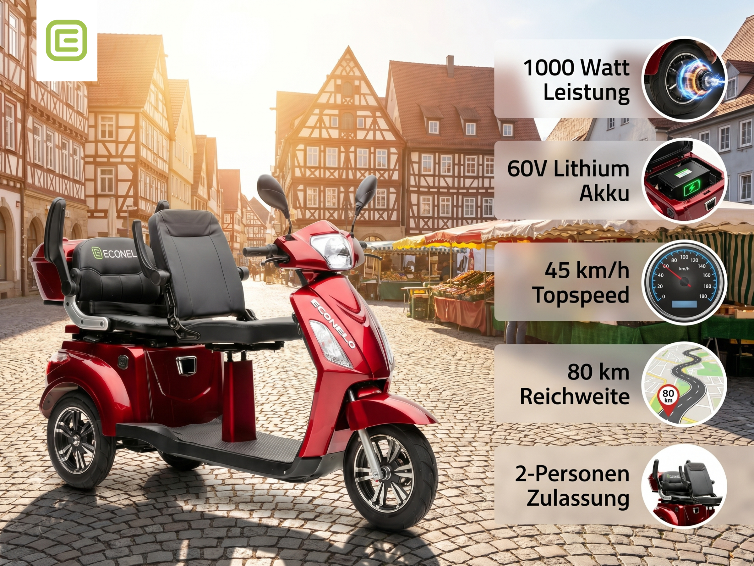 E-Seniorenmobil Billy 2.0, Lithium-Akku, 3-Rad, 1000 Watt, Rot