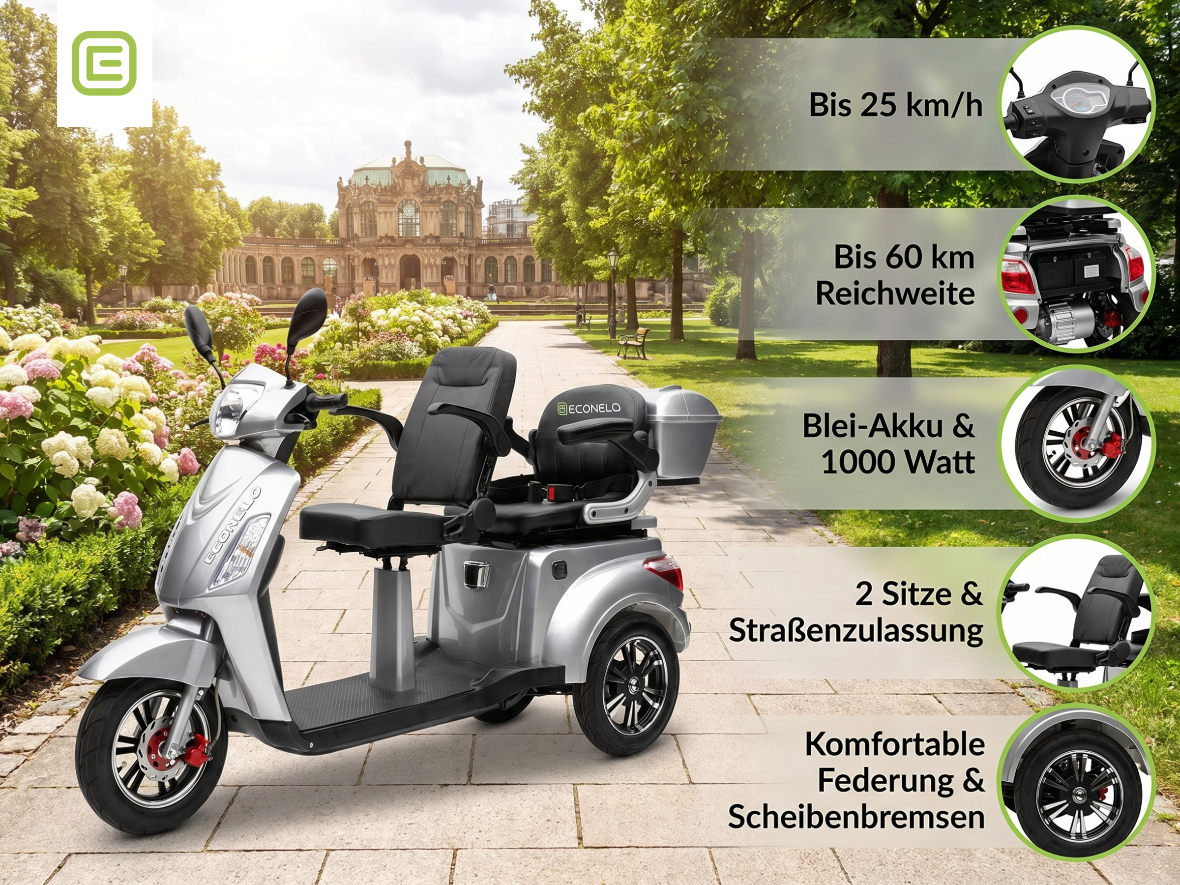 E-Seniorenmobil Billy 2.0, Blei-Akku, 3-Rad, 1000 Watt, Silber