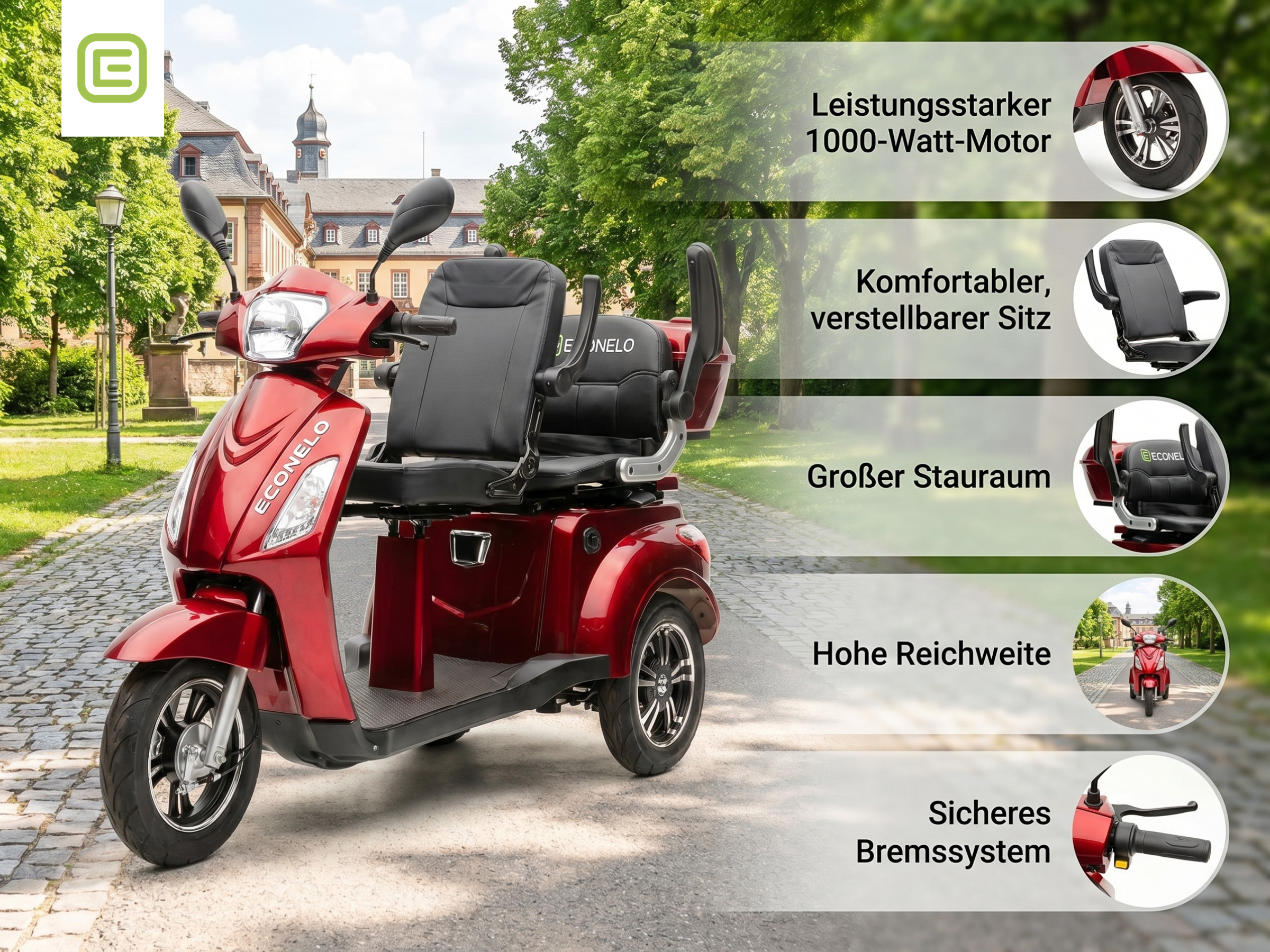 E-Seniorenmobil Billy 2.0, Blei-Akku, 3-Rad, 1000 Watt, Rot