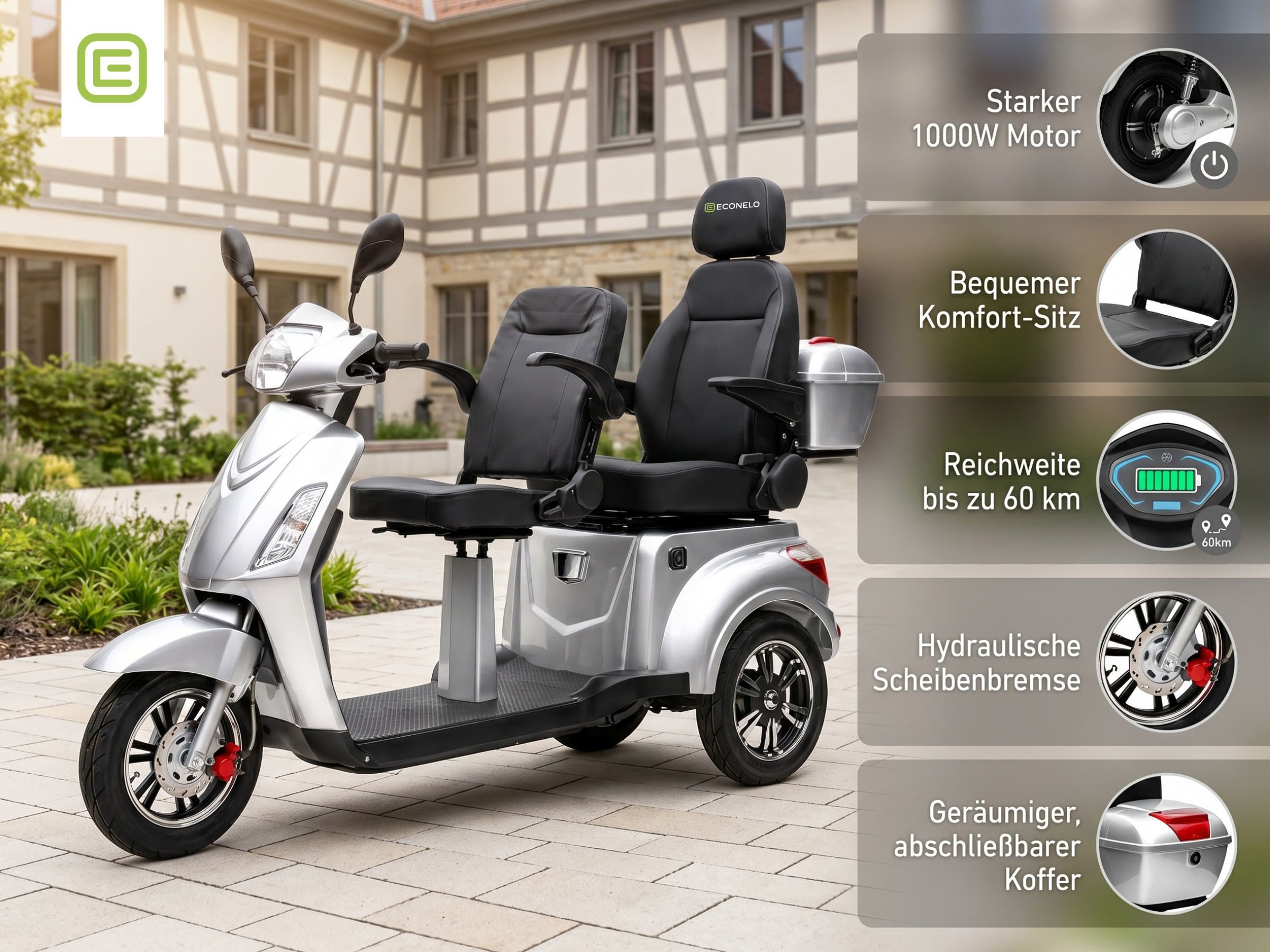 E-Seniorenmobil Billy 2.0, Blei-Akku, 3-Rad, 1000 Watt, Komfort-Sitz, Silber