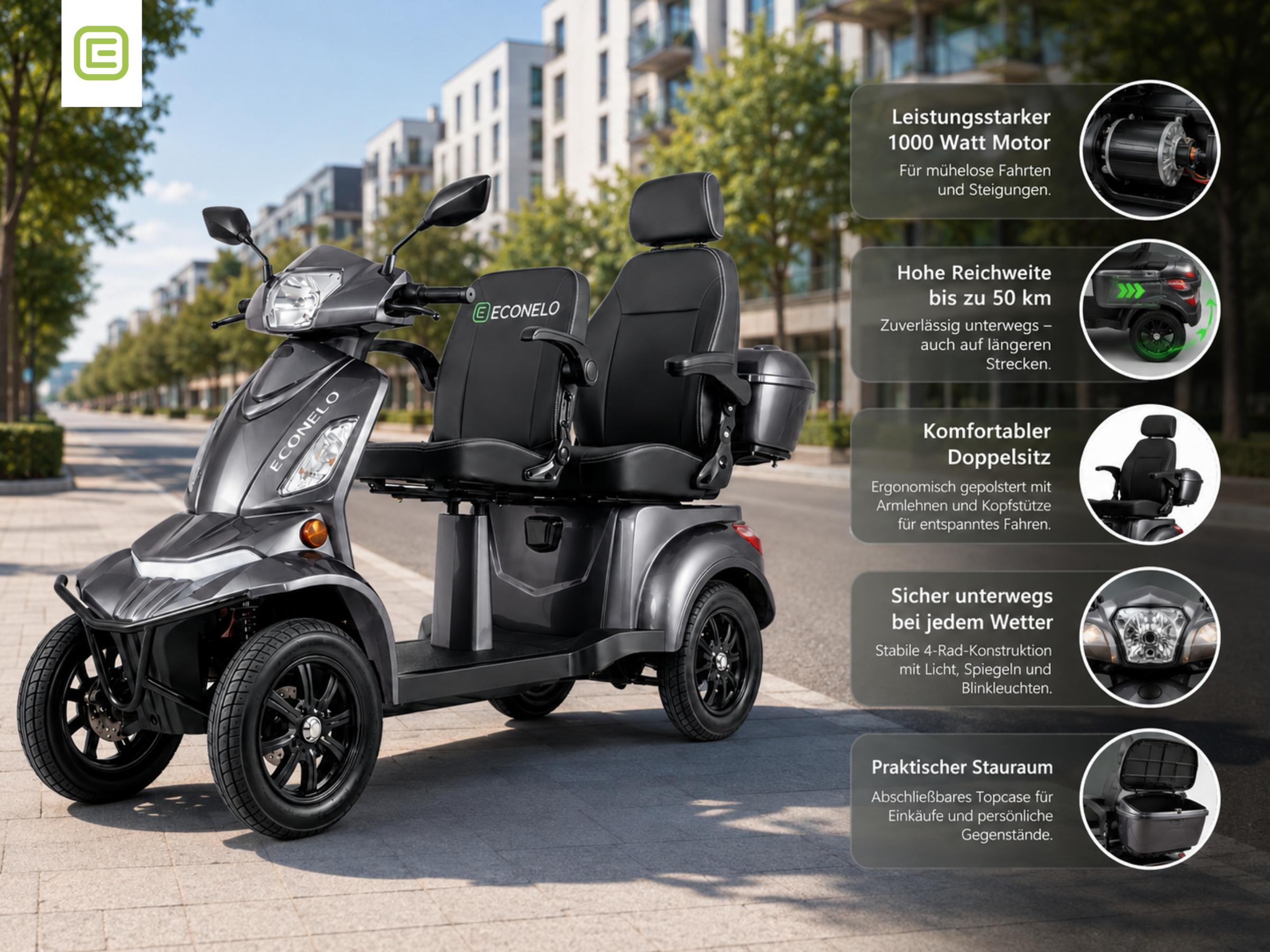 E-Seniorenmobil Vista Quarter-1L, Blei-Akku, 4-Rad, 1000 Watt, Komfort-Sitz,Grau