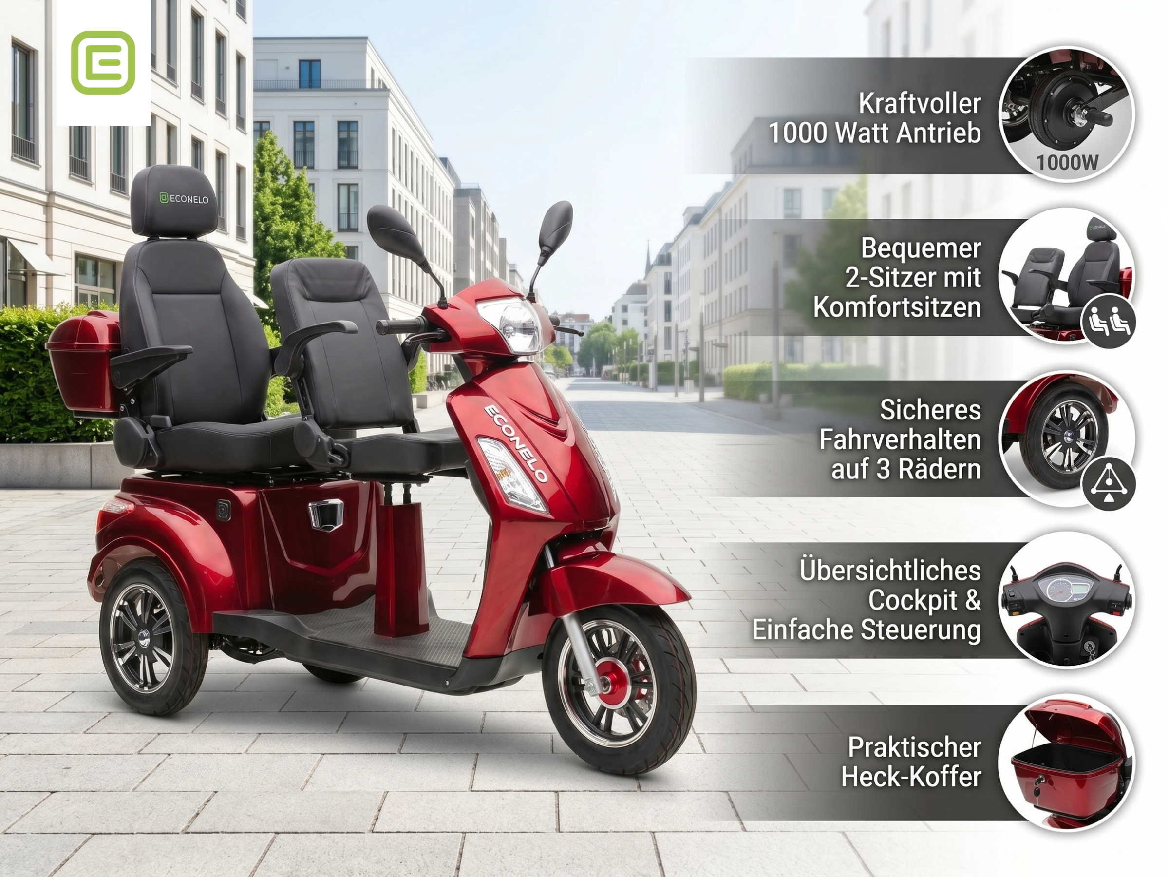 E-Seniorenmobil Billy 2.0, Blei-Akku, 3-Rad, 1000 Watt, Komfort-Sitz, Rot