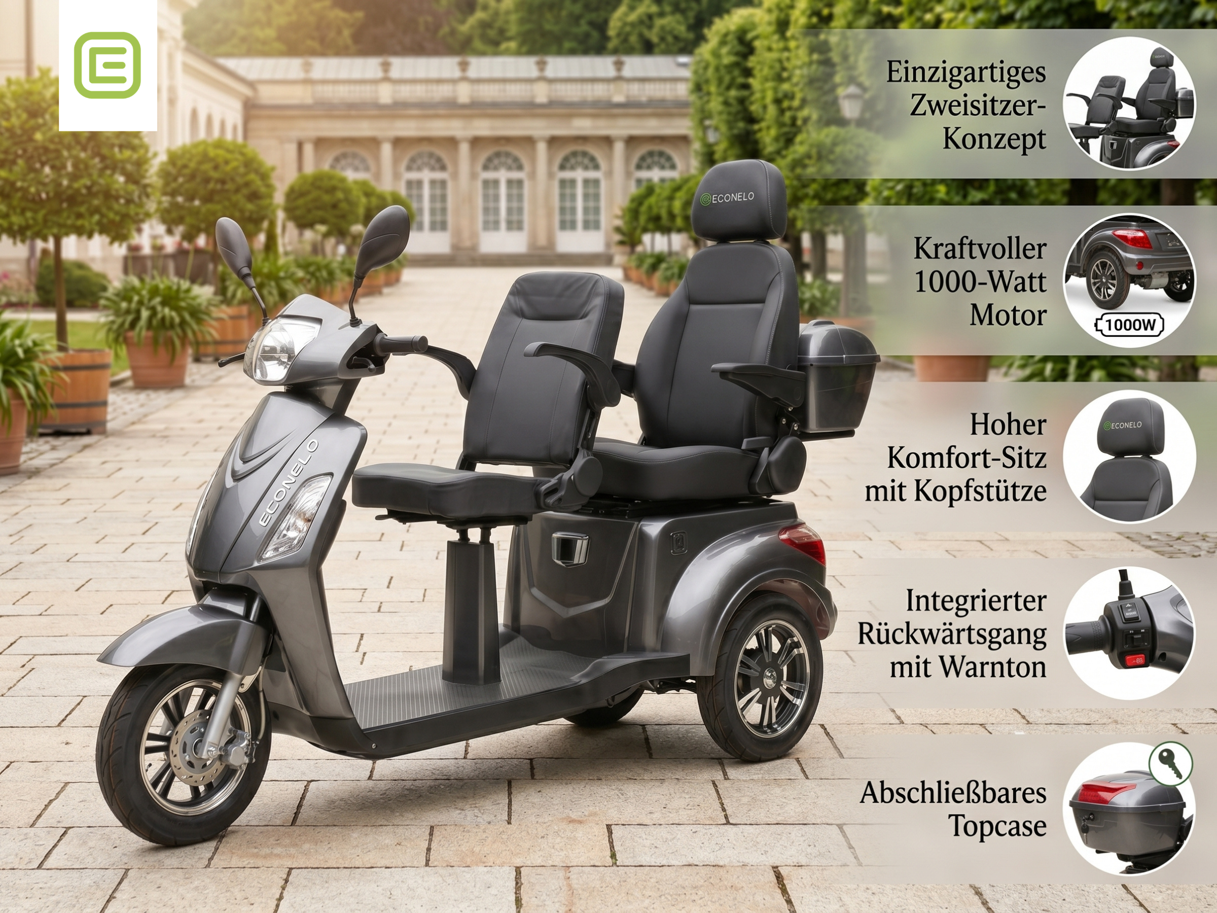 E-Seniorenmobil Billy 2.0, Blei-Akku, 3-Rad, 1000 Watt, Komfort-Sitz, Grau