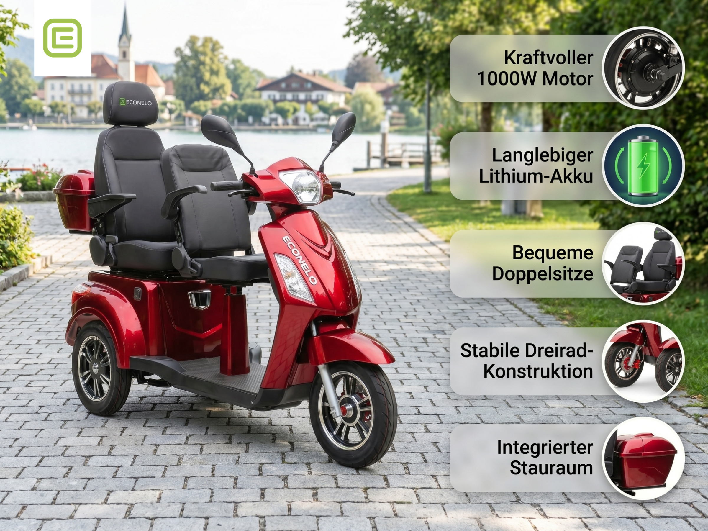 E-Seniorenmobil Billy 2.0, Lithium-Akku, 3-Rad, 1000 Watt, Komfort-Sitz, Rot