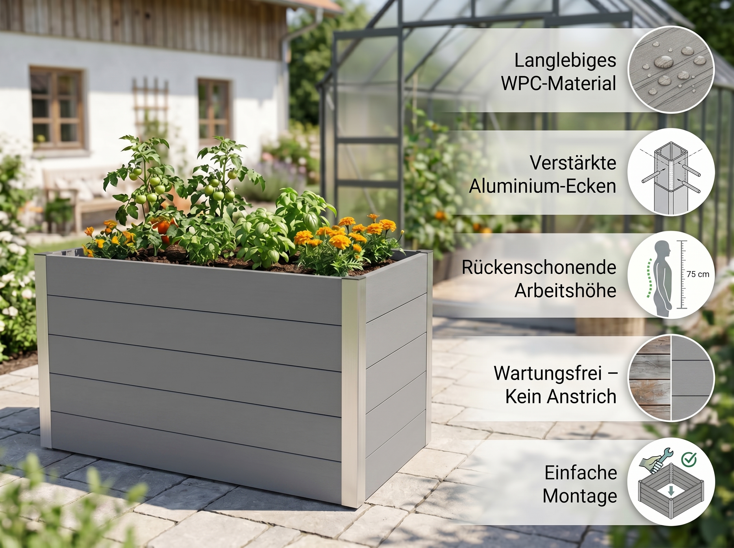WPC Hochbeet CARMENO, ca. 160 x 70 x 75 cm - Grau 