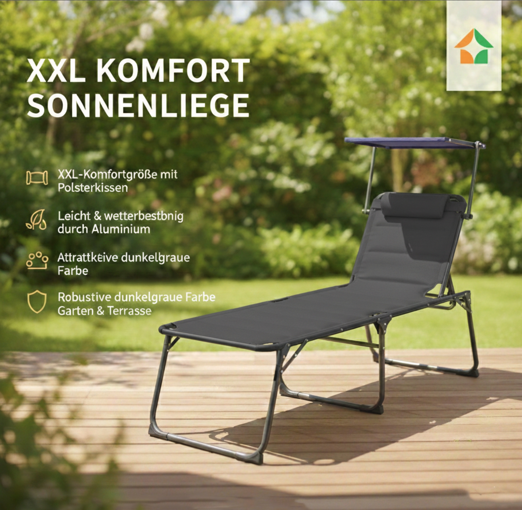 Komfort-Sonnenliege inkl. Kissen gepolstert aus Aluminium - Schwarz