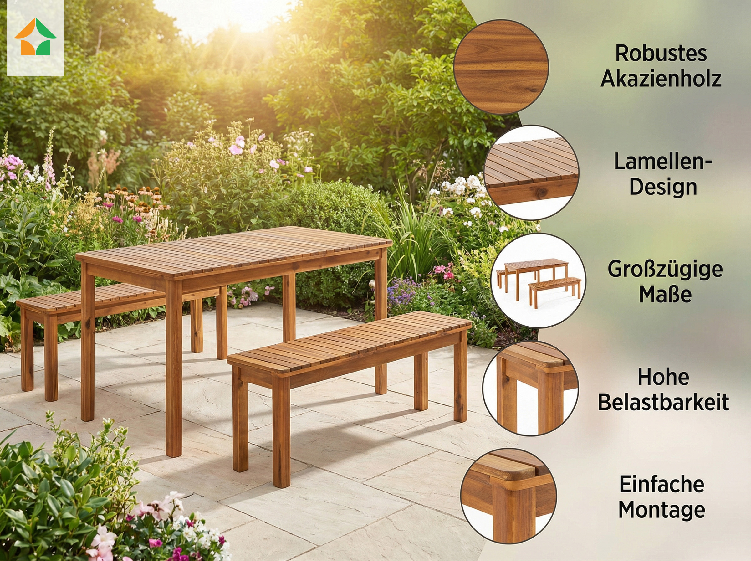 3tlg. Gartensitzgruppe Brian aus Akazienholz, ca. 240 x 180 x 85 cm - Hellbraun