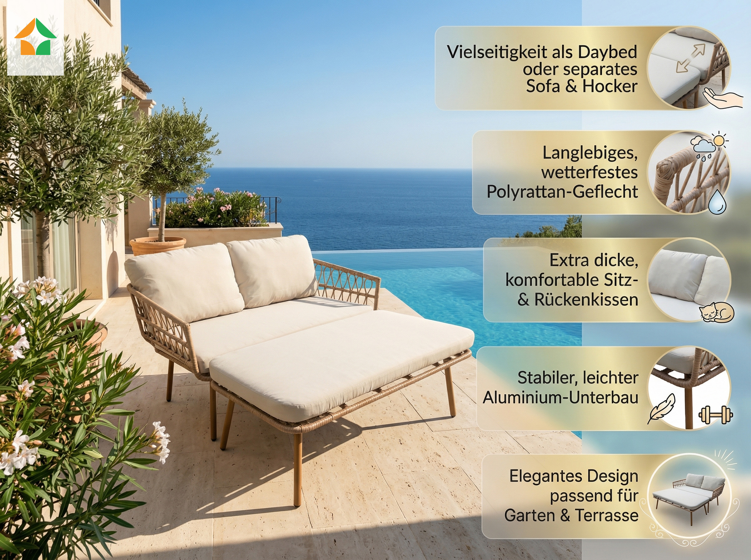 6-tlg. Gartenliege MARENA Liegesofa 2-Sitzer inkl. Hocker