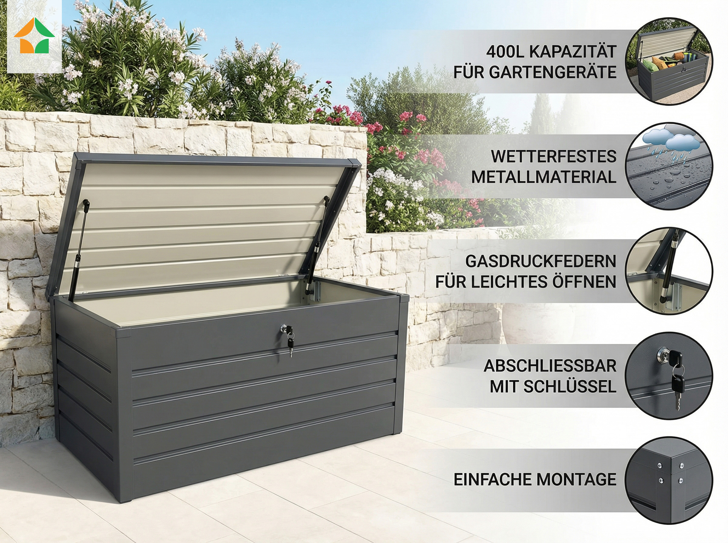 Metall-Aufbewahrungsbox Gartentruhe 400L Stauraum wetterfest