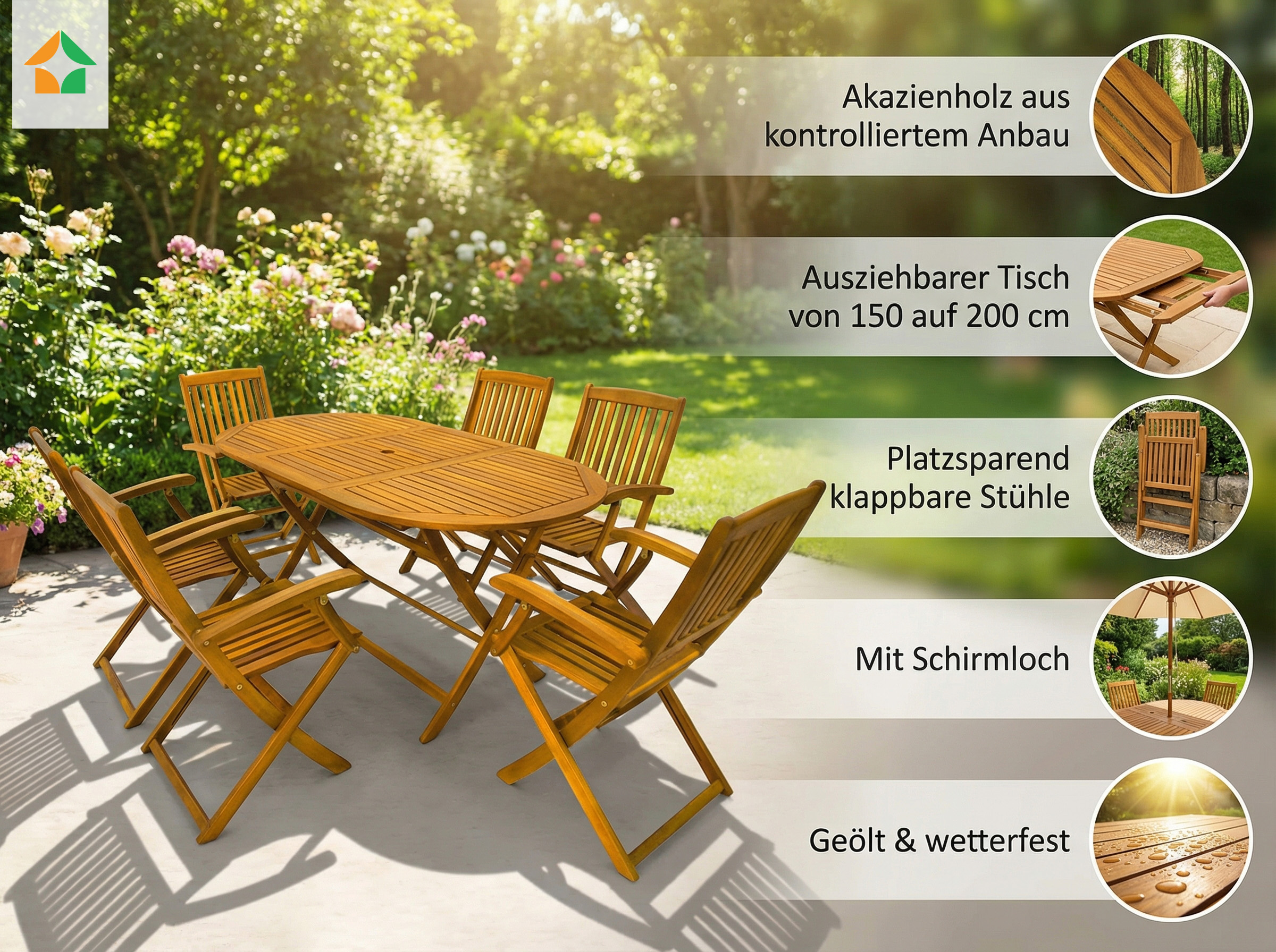 7tlg. Sitzgruppe Boston aus Akazienholz