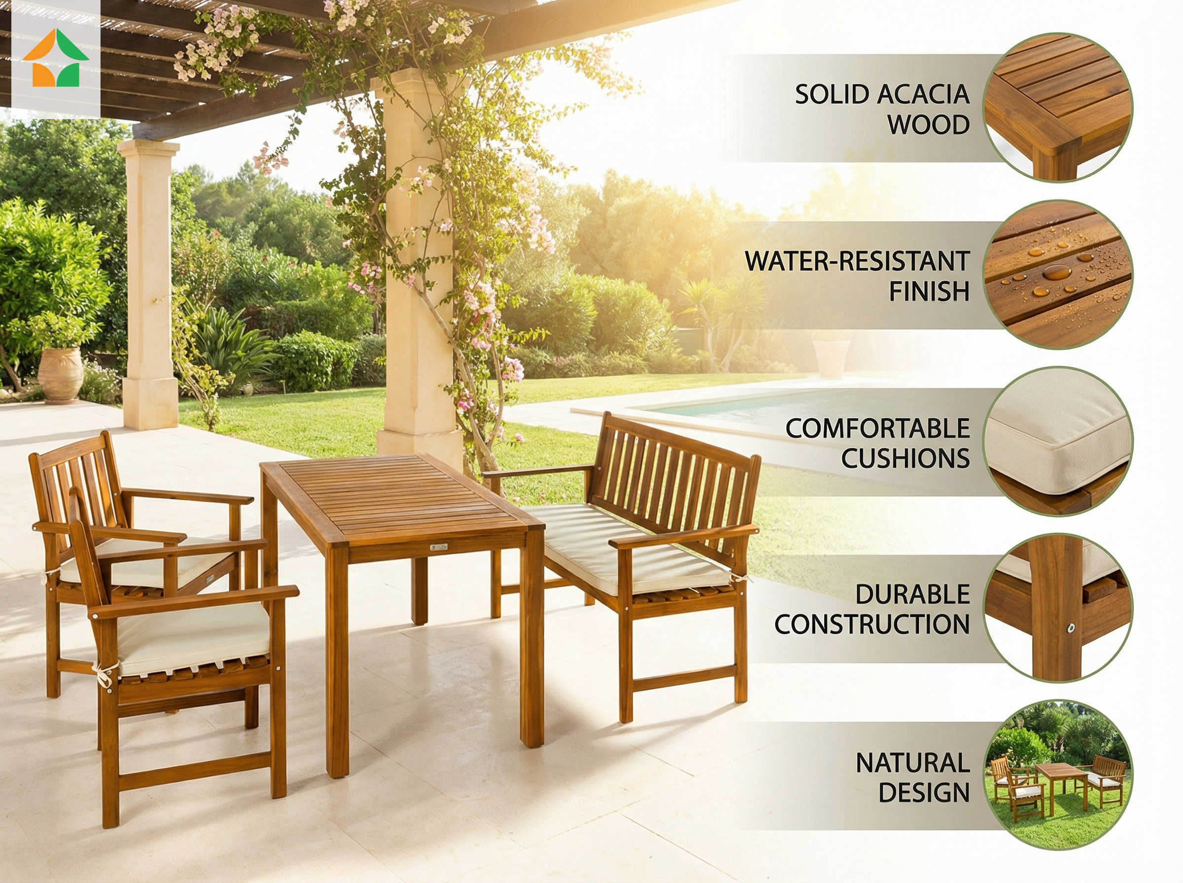 Garten Diningset mit Bank und 2 Stühlen, ca. 125 x 75 cm - Braun