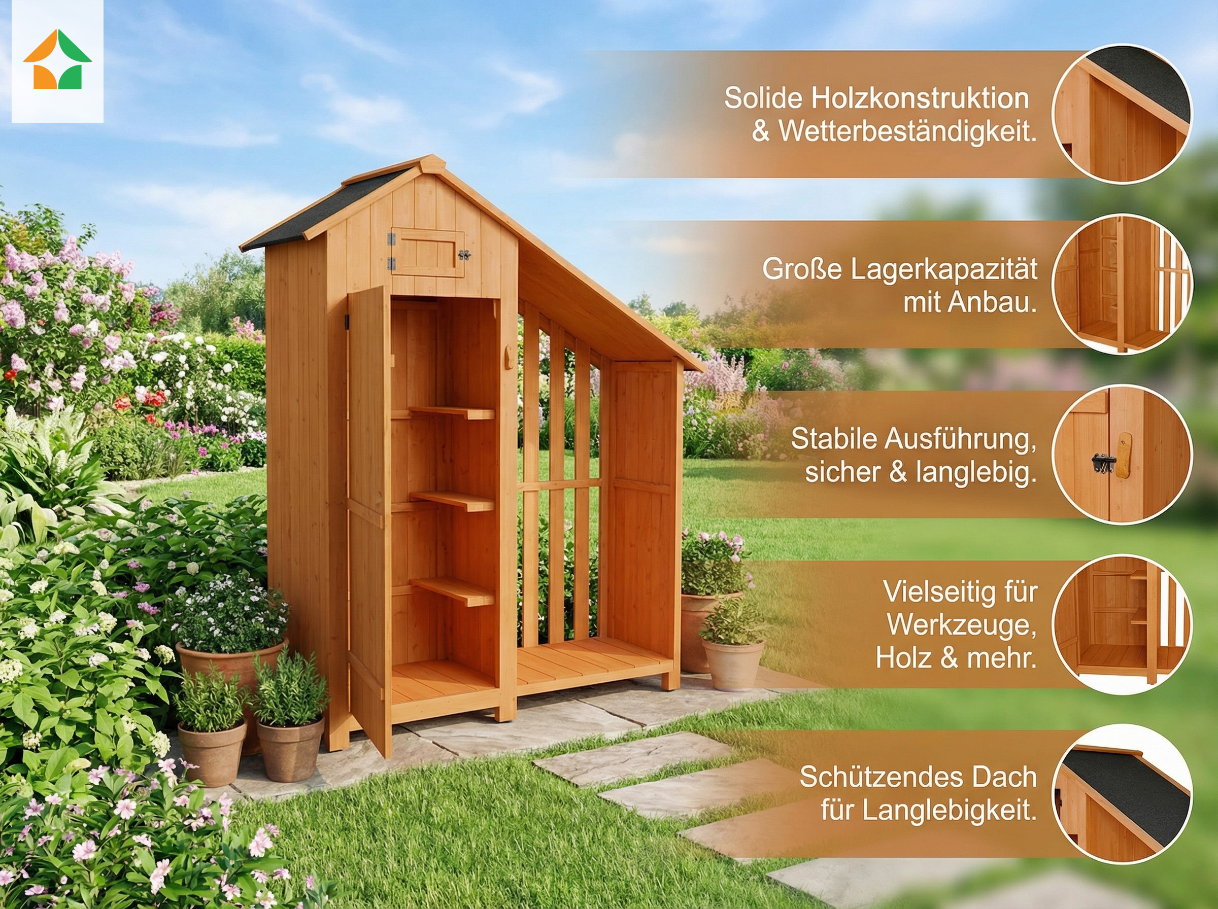 Werkzeugschrank aus Holz mit Anbau, ca. 131 x 54 x 180 cm, braun