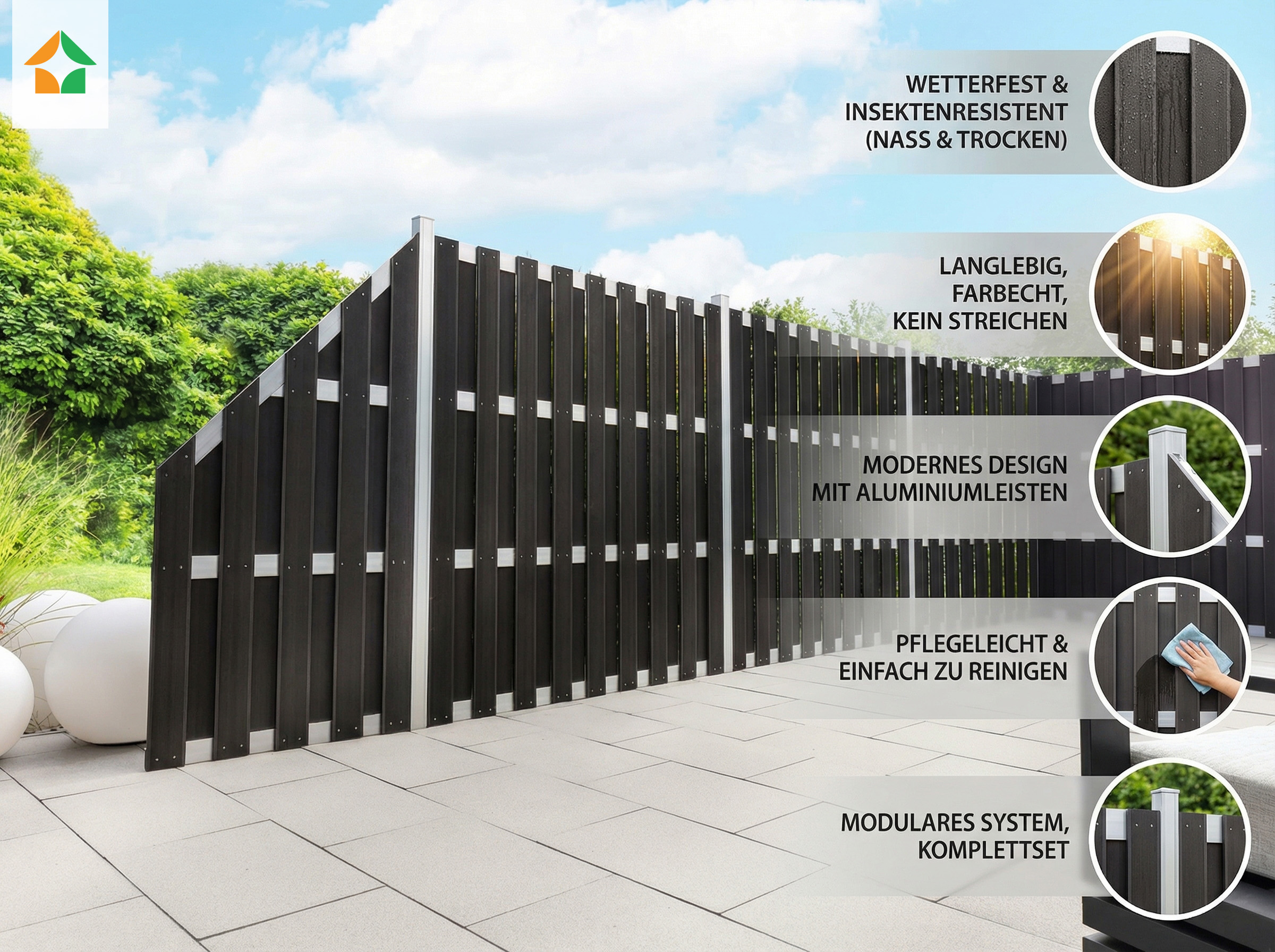 WPC-Sichtschutzzaun CARMENO - 1x Element + 2x Pfosten - Schwarz