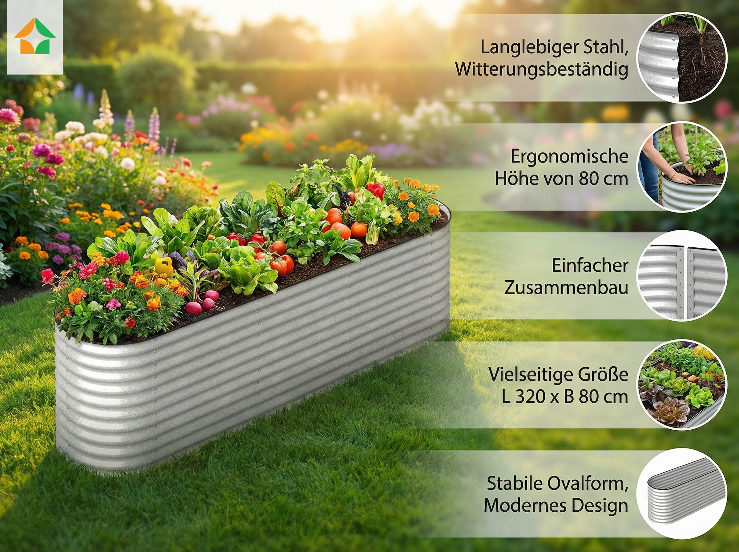 Hochbeet Stahl Oval L 320 x 80 x 80 Silber
