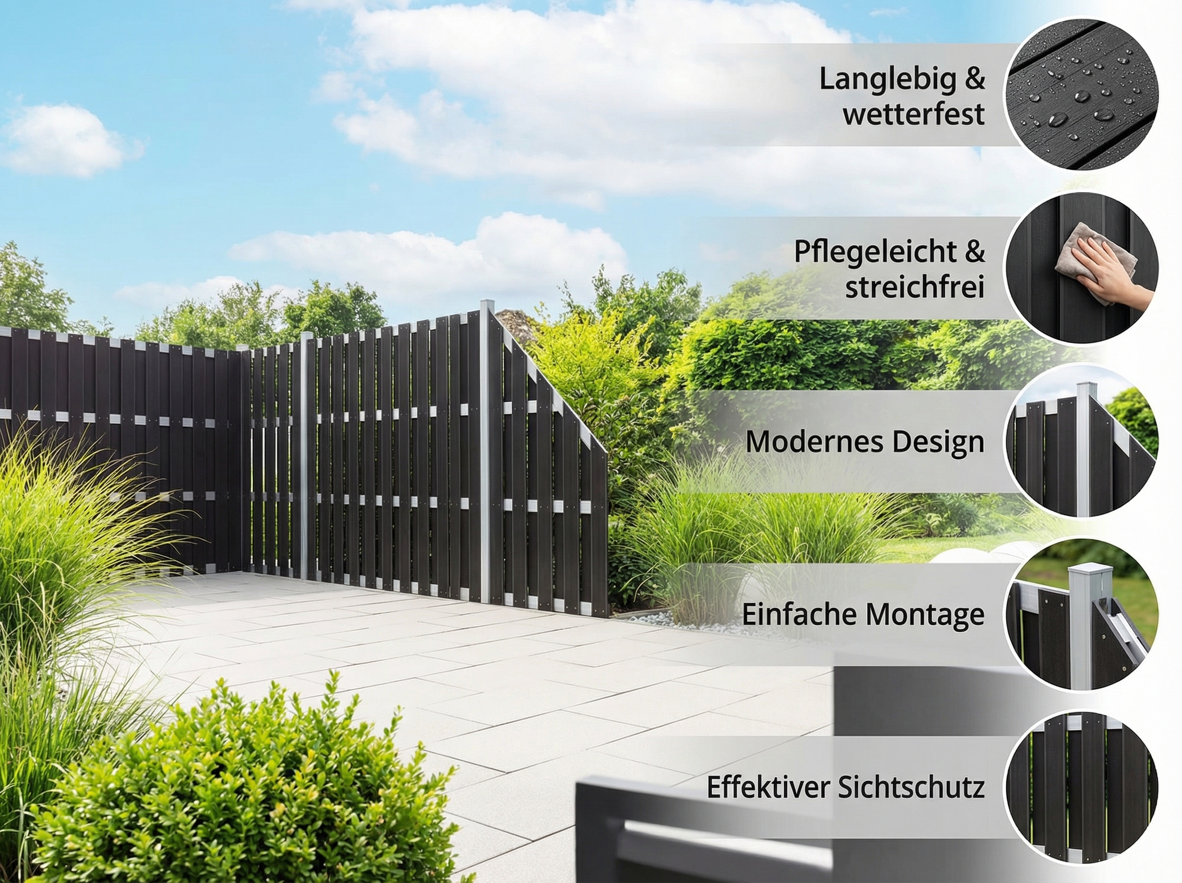 WPC-Sichtschutzzaun CARMENO - 5x Element + 6x Pfosten - Schwarz