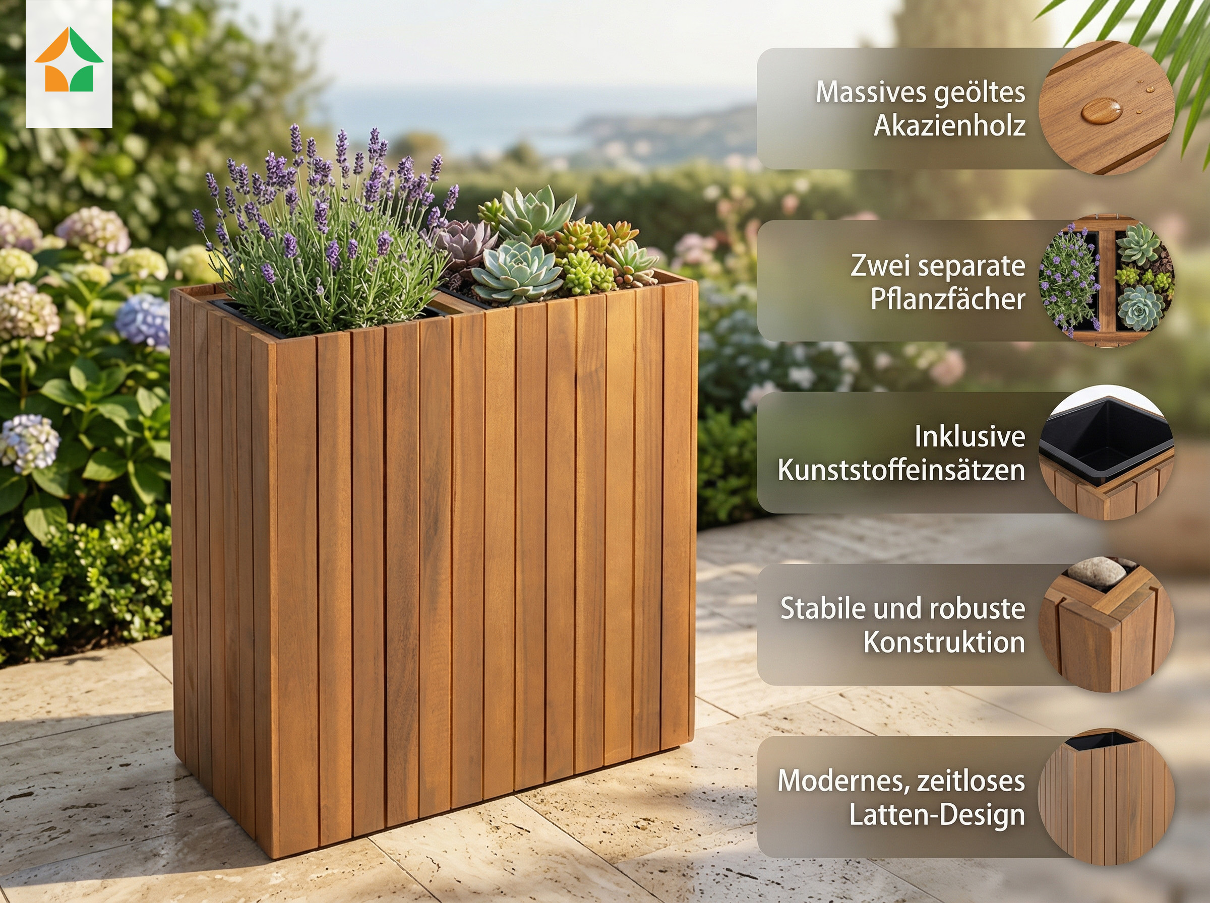 Pflanzkübel geölt aus Akazie, quadratisch, ca. 57 x 30 x 64 cm - Braun