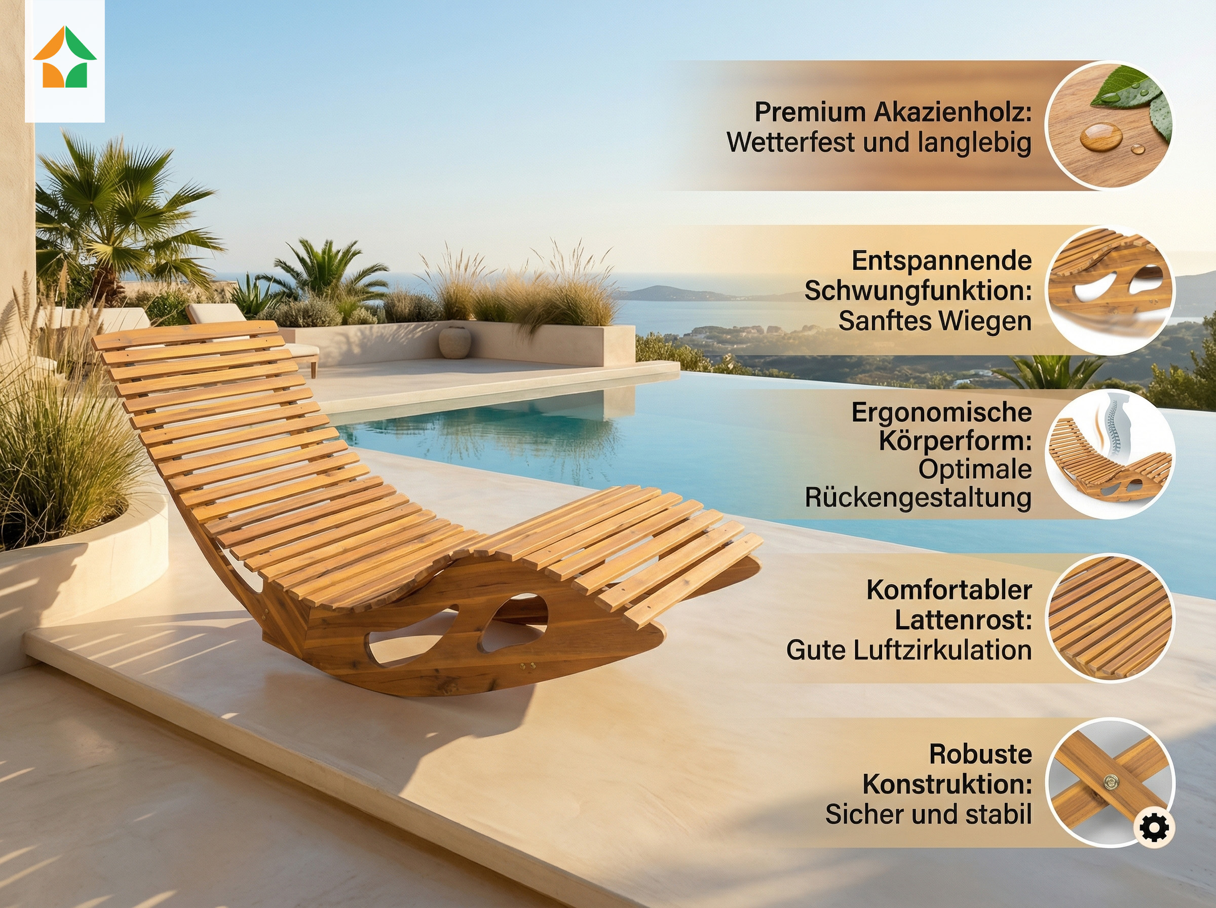 Ergonomische Schwungliege Saunaliege aus Akazienholz - FSC zertifiziert