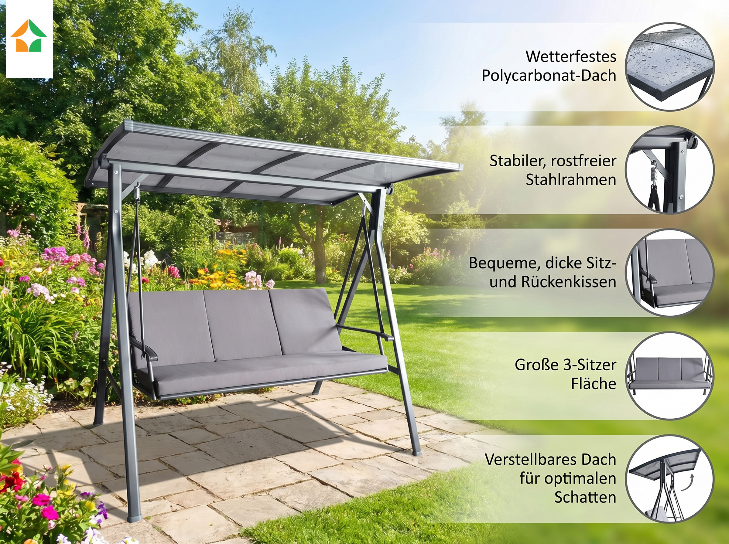 Gartenschaukel 3-Sitzer Hollywoodschaukel mit Dach grau