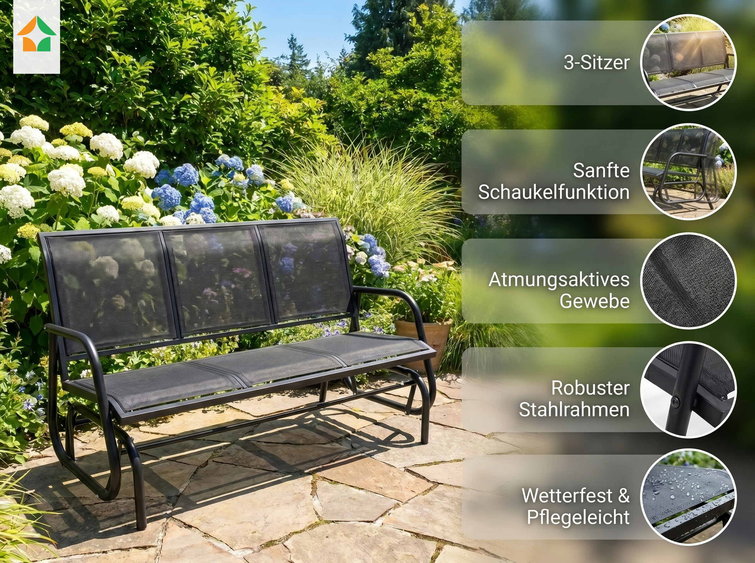 Schaukelbank Gartenbank 3 Sitzer, ca. 151 x 70 x 83 cm – Schwarz