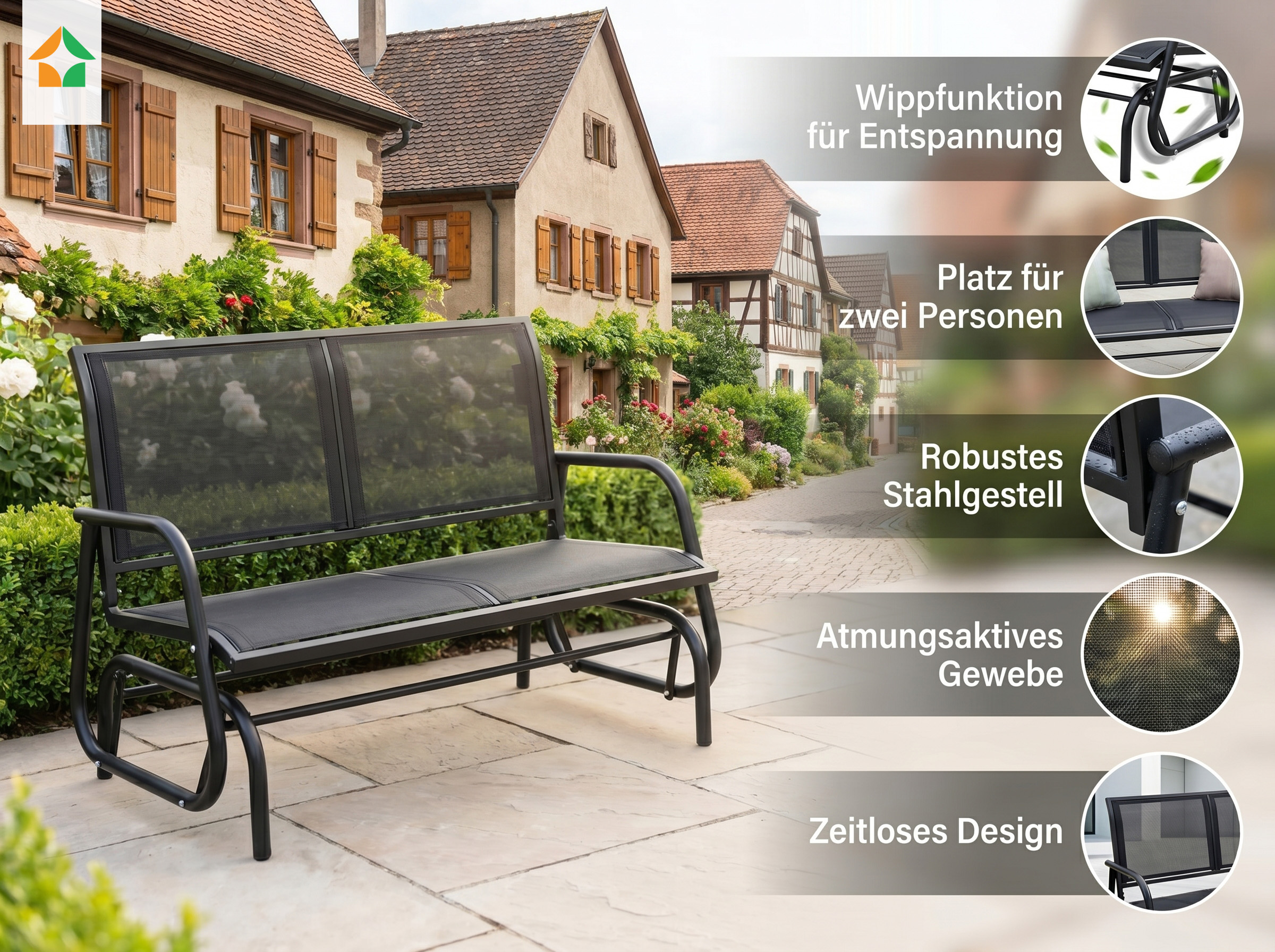 Schaukelbank Gartenbank 2-Sitzer, ca. 120 x 70 x 83 cm – Schwarz