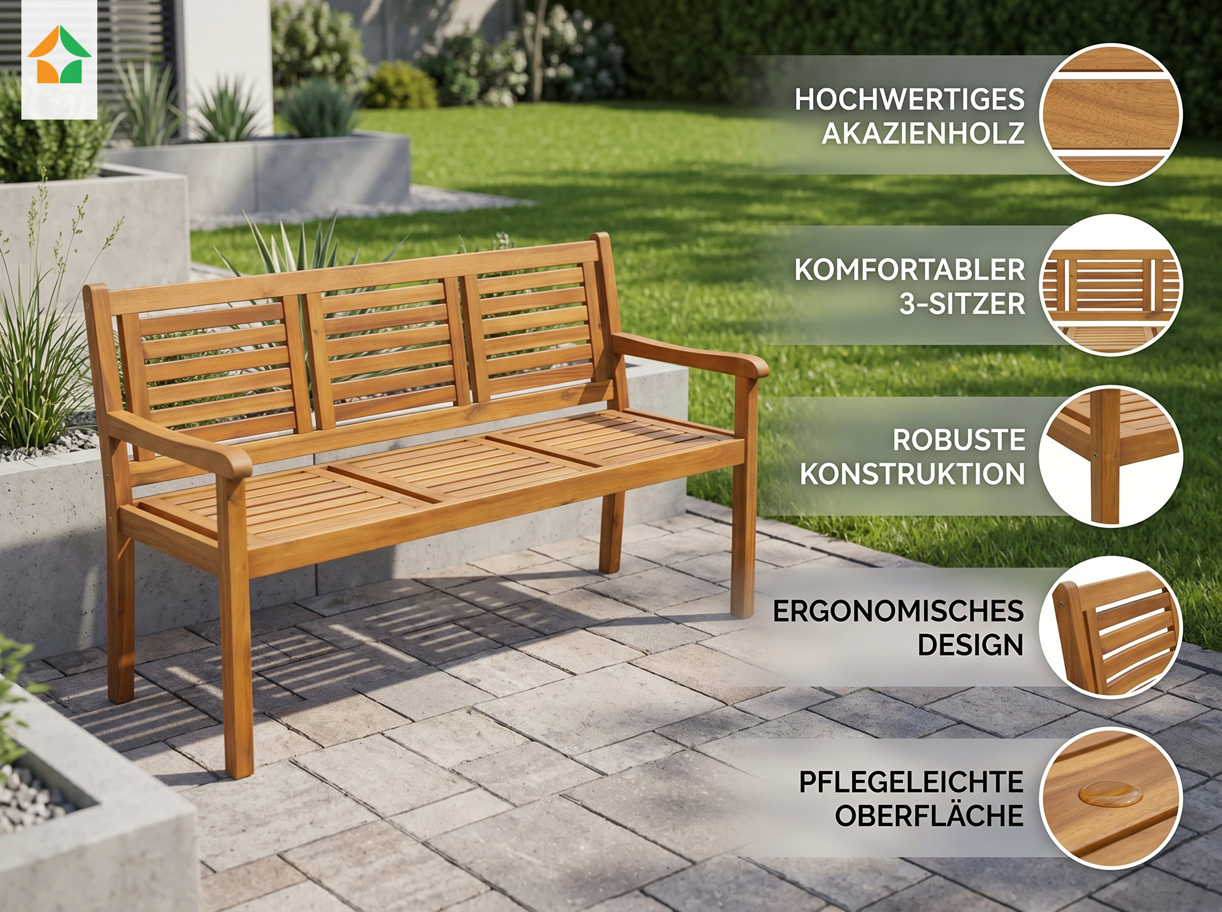 3-Sitzer Gartenbank aus Akazienholz, ca. 153 x 90 x 57 cm - Braun
