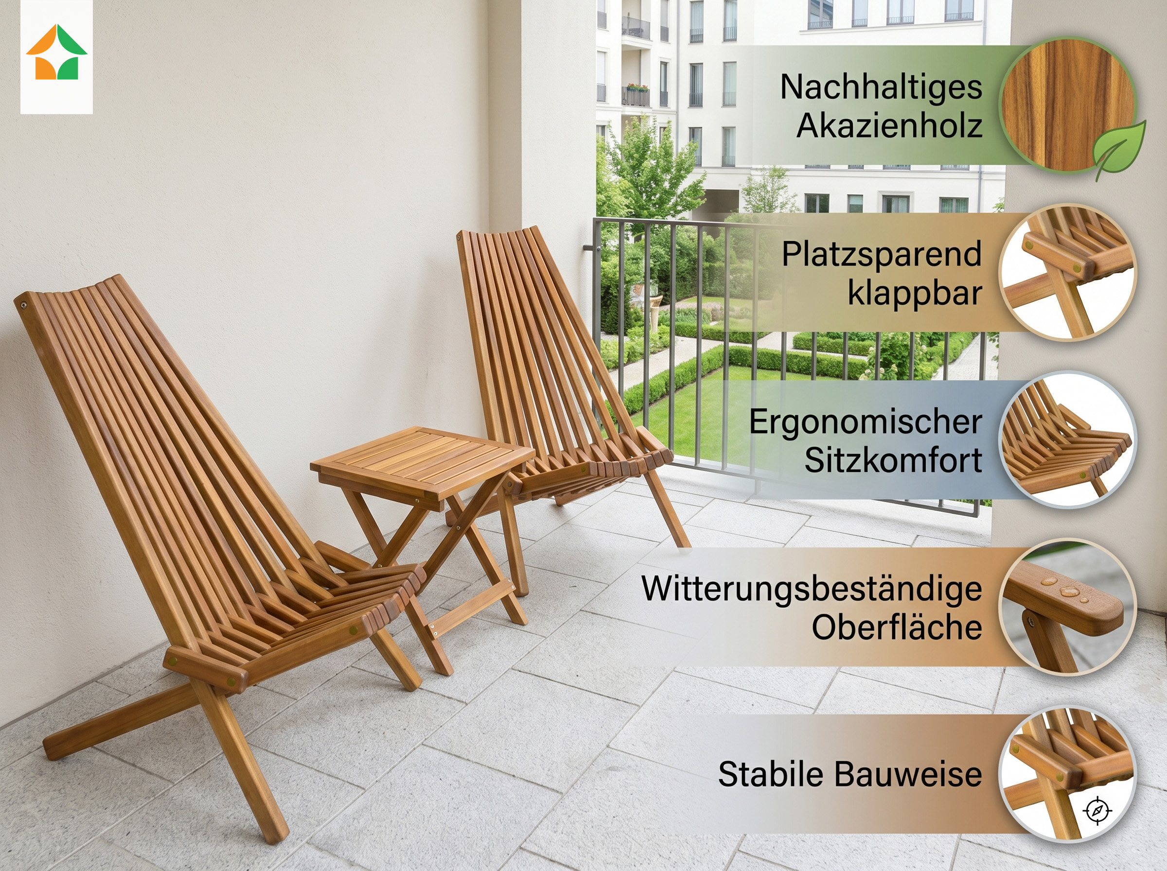 Holzliegestuhl 2er aus Akazie klappbar mit Tisch