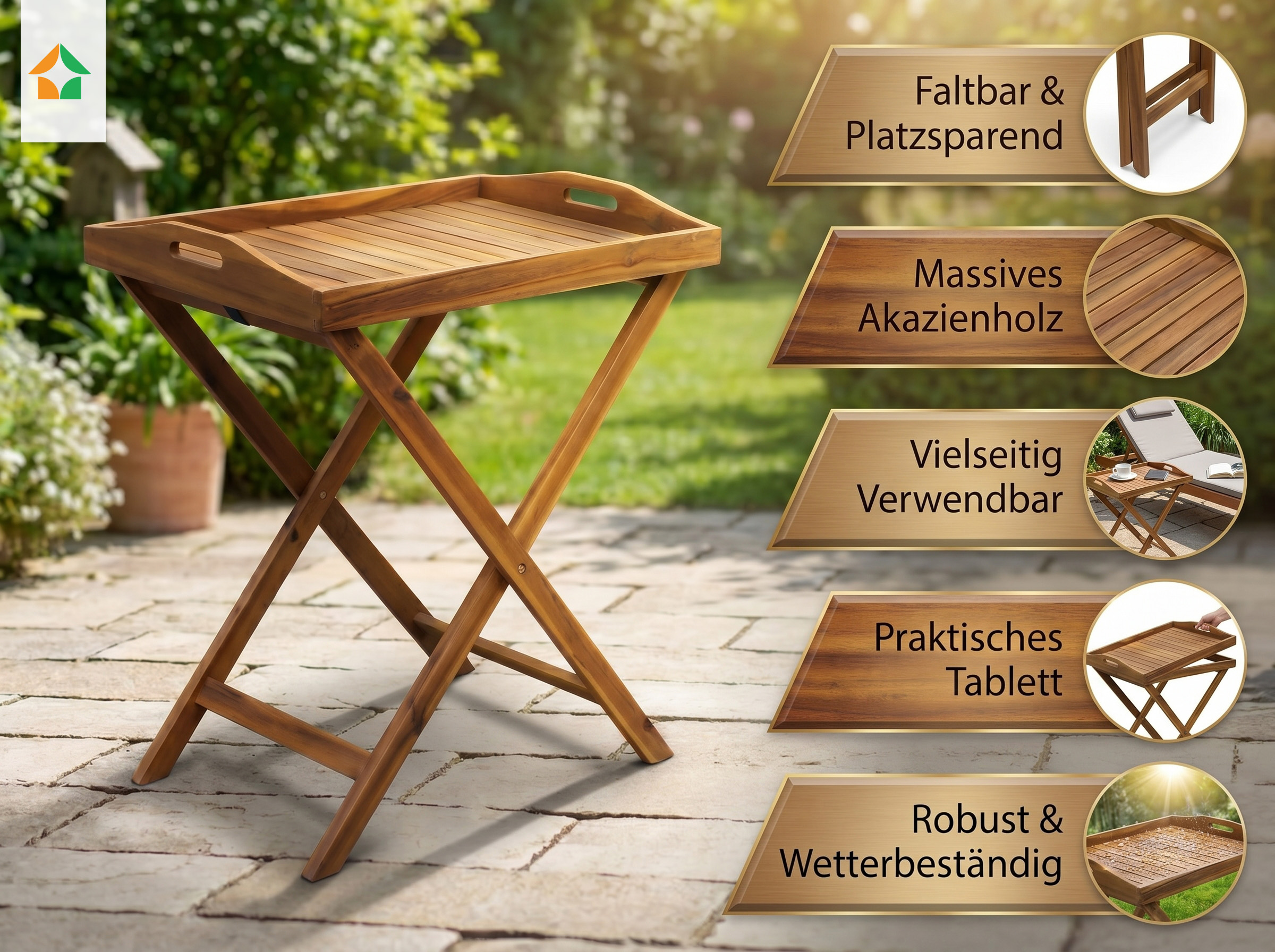 Faltbarer Gartentablett-Tisch aus Akazienholz, ca. 68 x 44 x 74 cm