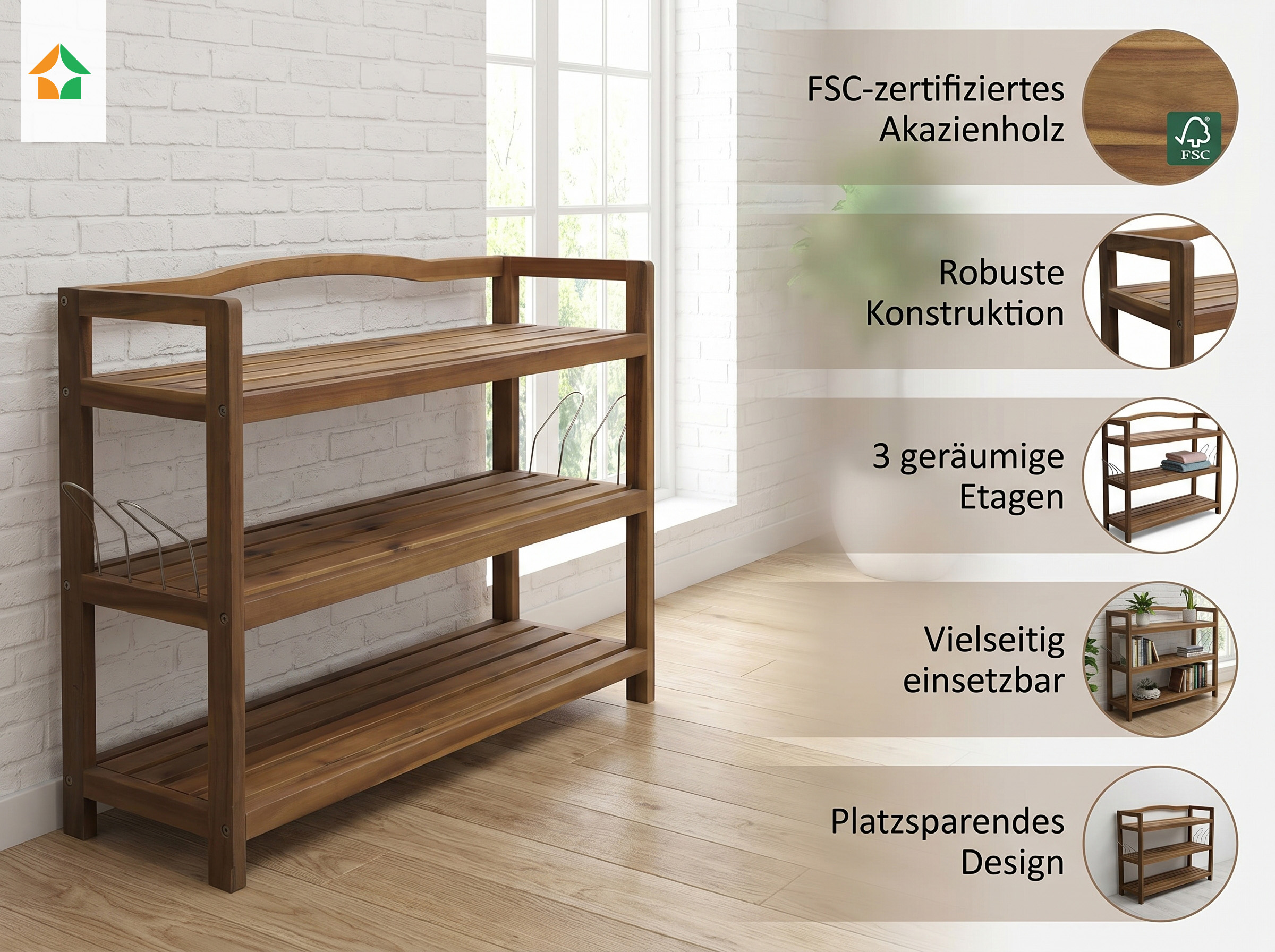 Allzweckregal mit 3 Etagen aus Akazienholz 82 × 74 × 26 cm