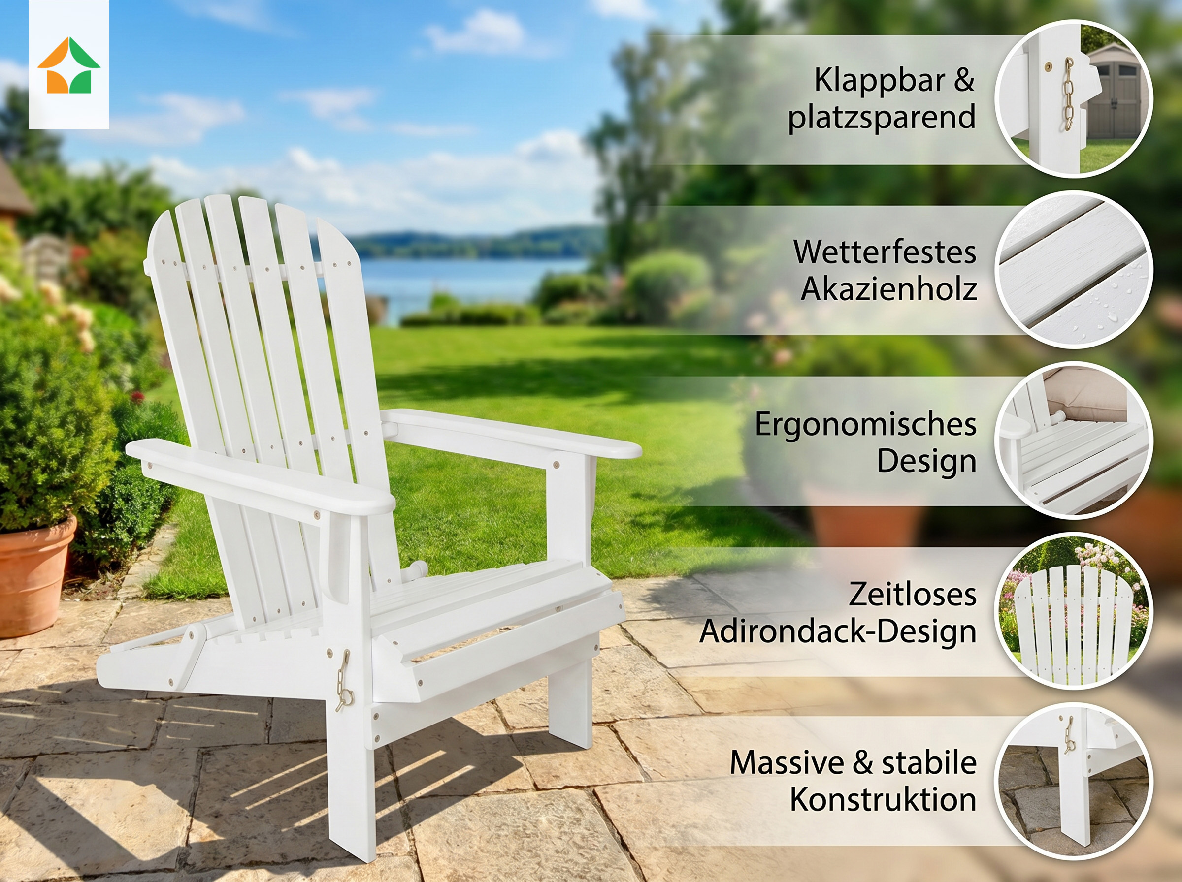 Klappbarer Liegestuhl Adirondack aus Akazie, ca. 84 x 69 x 93 cm - Weiß