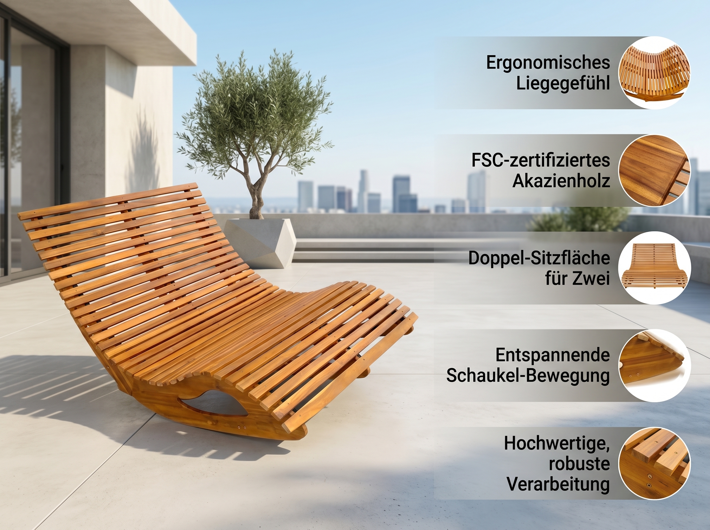 Ergonomische Doppelschwungliege aus Akazienholz - faltbar