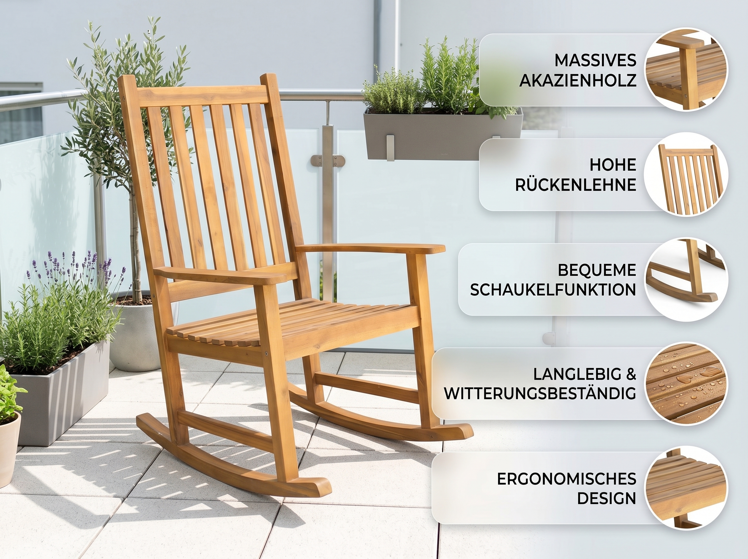 Schaukelstuhl Akazienholz hohe Rückenlehne 70x92x116 cm Braun