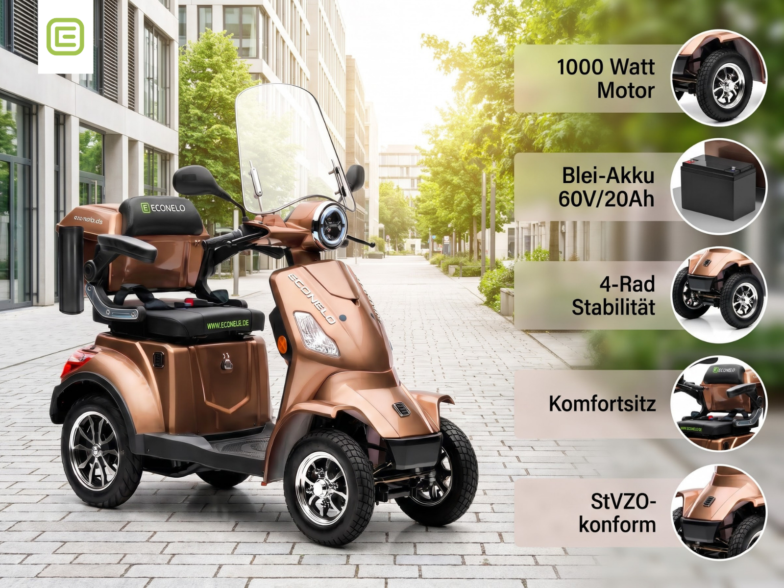 E-Seniorenmobil Venezia, Blei-Akku, 4-Rad, 1000 Watt, Braun